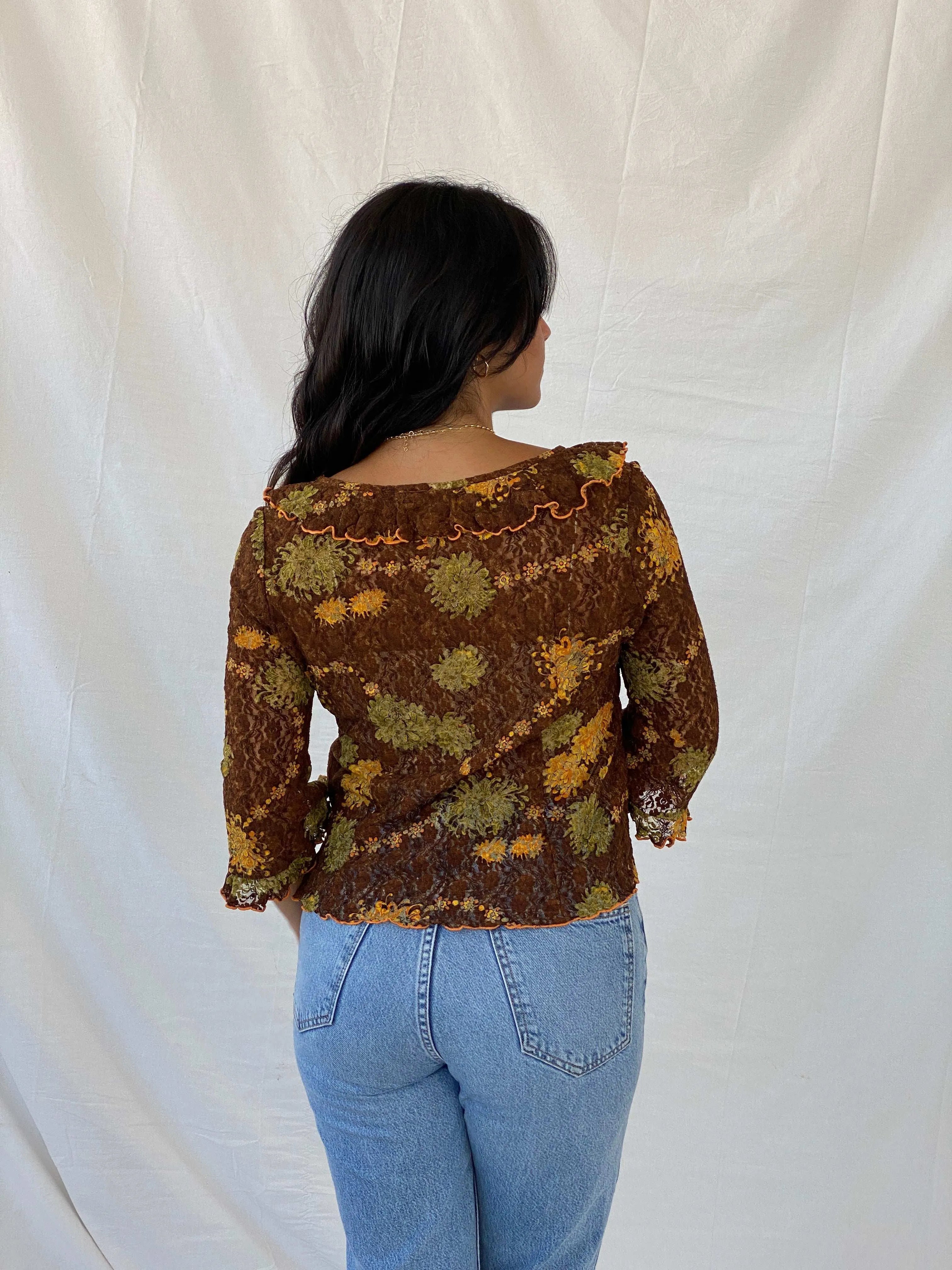 Vintage Handmade Lace Floral Brown 3/4 Sleeve Top - M - Balagan Vintage Full Sleeve Top 90s, Lana, summer