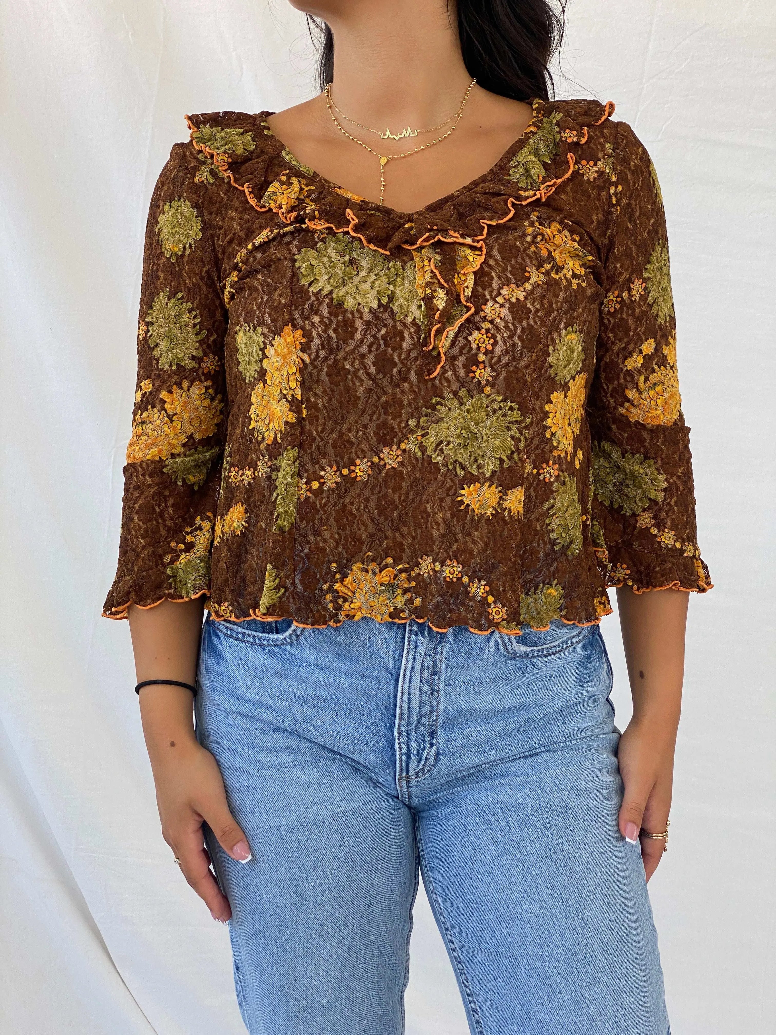 Vintage Handmade Lace Floral Brown 3/4 Sleeve Top - M - Balagan Vintage Full Sleeve Top 90s, Lana, summer