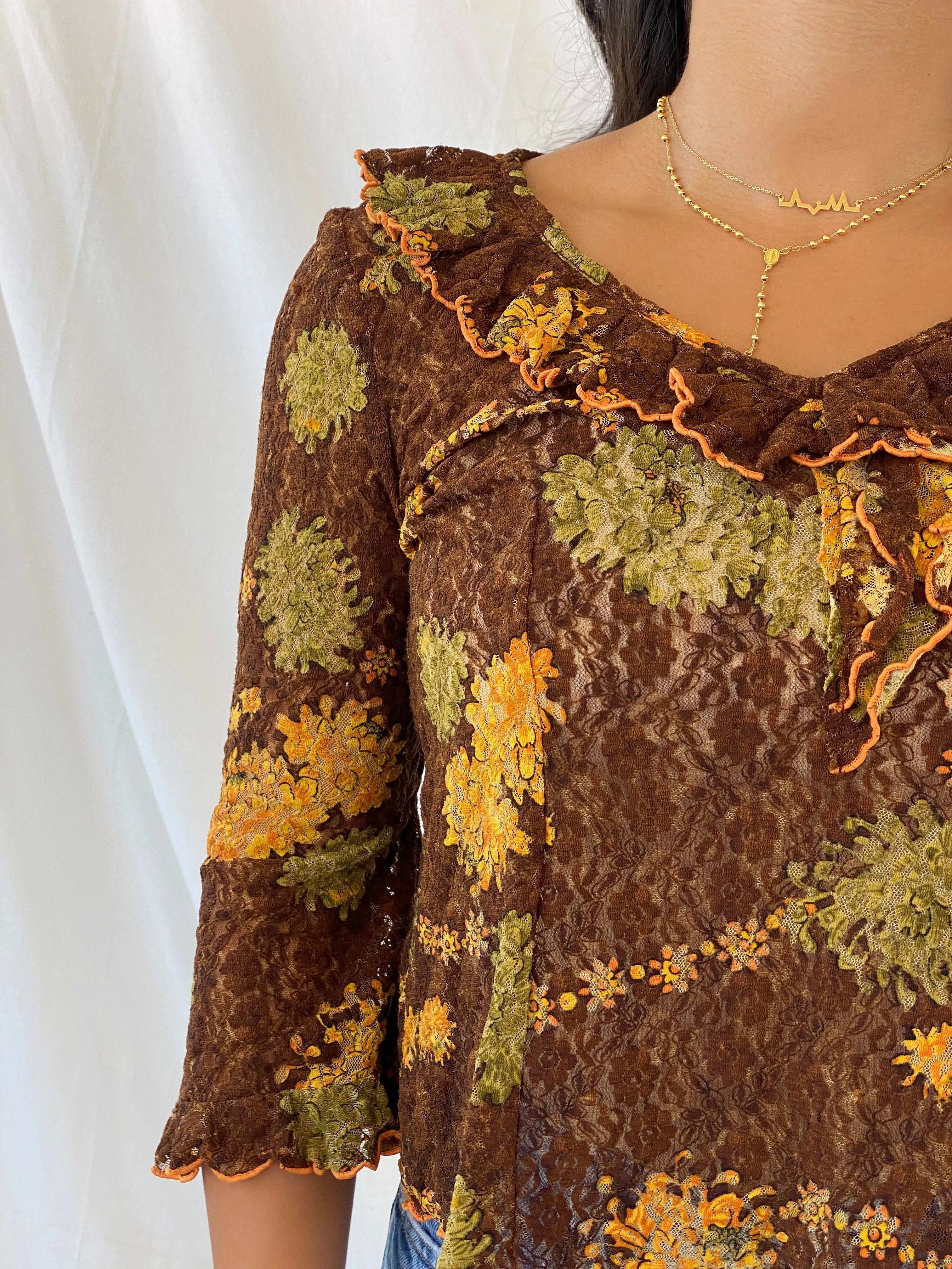 Vintage Handmade Lace Floral Brown 3/4 Sleeve Top - M - Balagan Vintage Full Sleeve Top 90s, Lana, summer