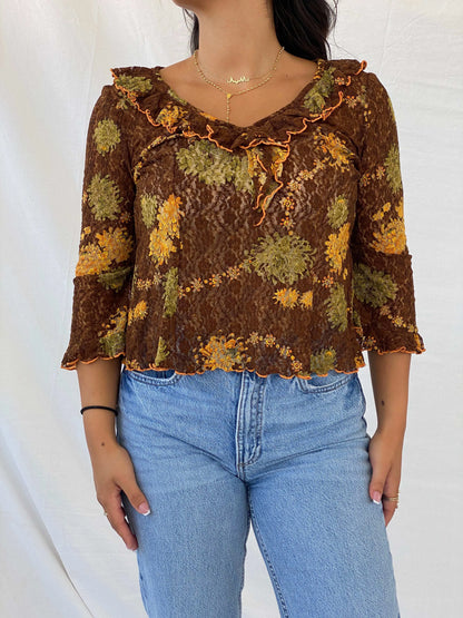 Vintage Handmade Lace Floral Brown 3/4 Sleeve Top - M - Balagan Vintage Full Sleeve Top 90s, Lana, summer