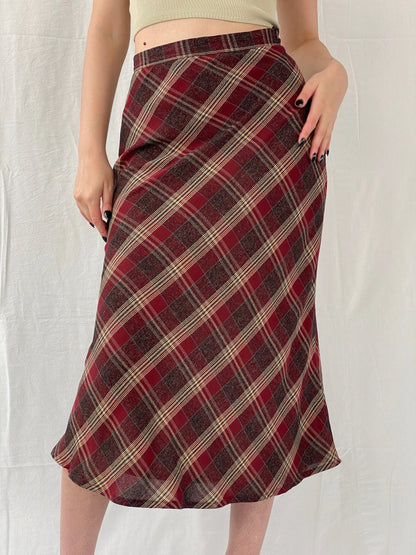 Vintage Handmade Maroon Plaid Flannel Tartan Midi Skirt - M - Balagan Vintage Midi Skirt Ayah, midi skirt, plaid, plaid skirt, striped, winter