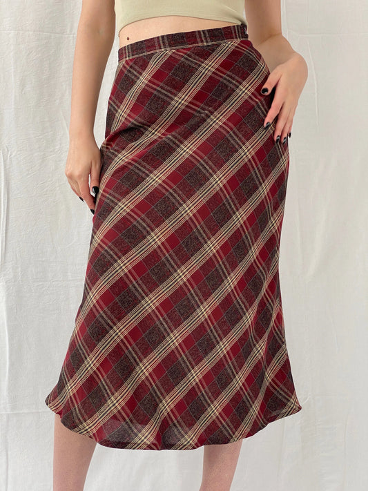 Vintage Handmade Maroon Plaid Flannel Tartan Midi Skirt - M - Balagan Vintage Midi Skirt Ayah, midi skirt, plaid, plaid skirt, striped, winter