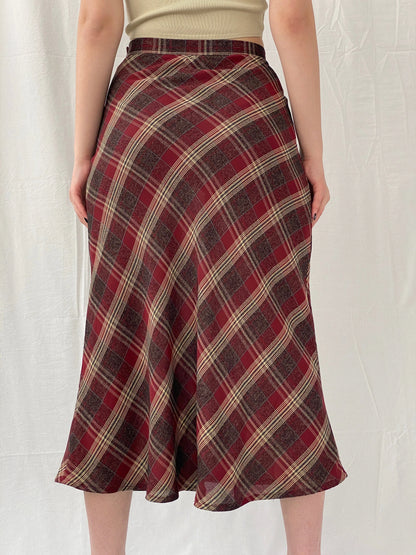 Vintage Handmade Maroon Plaid Flannel Tartan Midi Skirt - M - Balagan Vintage Midi Skirt Ayah, midi skirt, plaid, plaid skirt, striped, winter