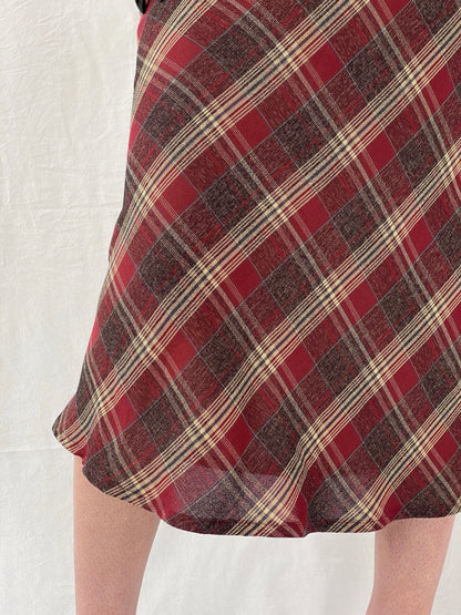 Vintage Handmade Maroon Plaid Flannel Tartan Midi Skirt - M - Balagan Vintage Midi Skirt Ayah, midi skirt, plaid, plaid skirt, striped, winter