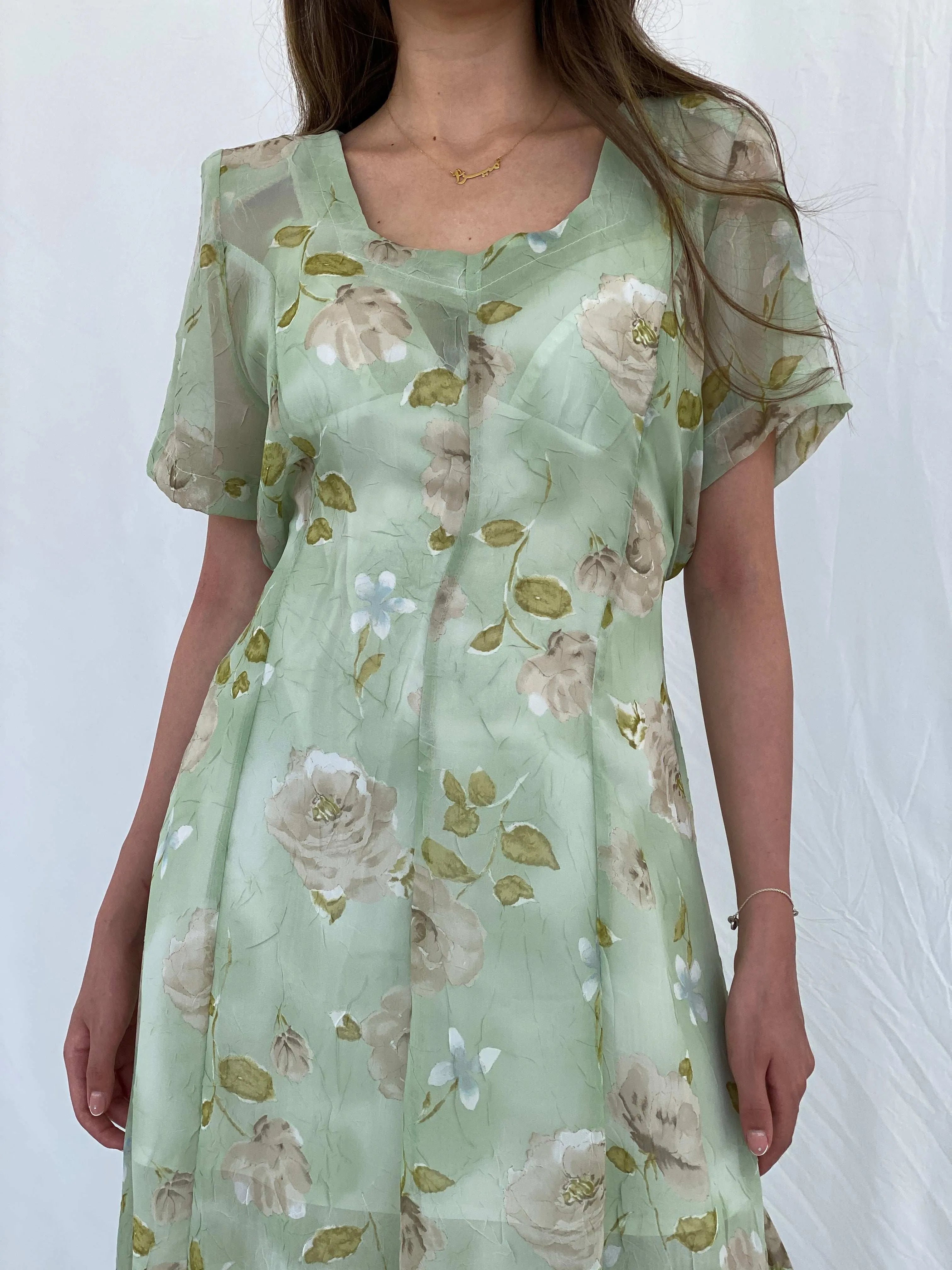 Vintage Handmade Mint Green Sheer Floral Print Maxi Dress - M - Balagan Vintage Maxi Dress 00s, 90s, maxi dress, Mira, sheer