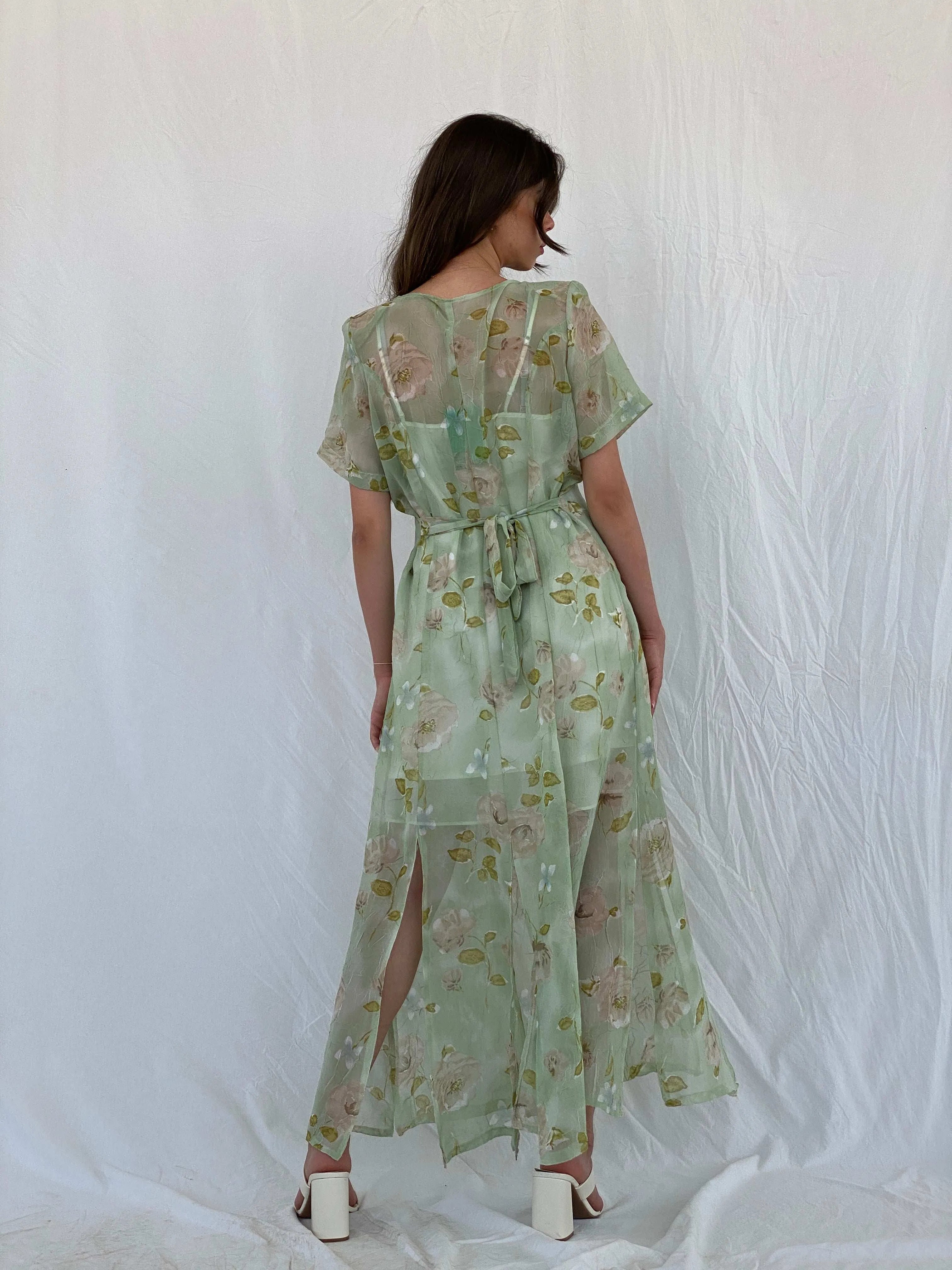 Vintage Handmade Mint Green Sheer Floral Print Maxi Dress - M - Balagan Vintage Maxi Dress 00s, 90s, maxi dress, Mira, sheer