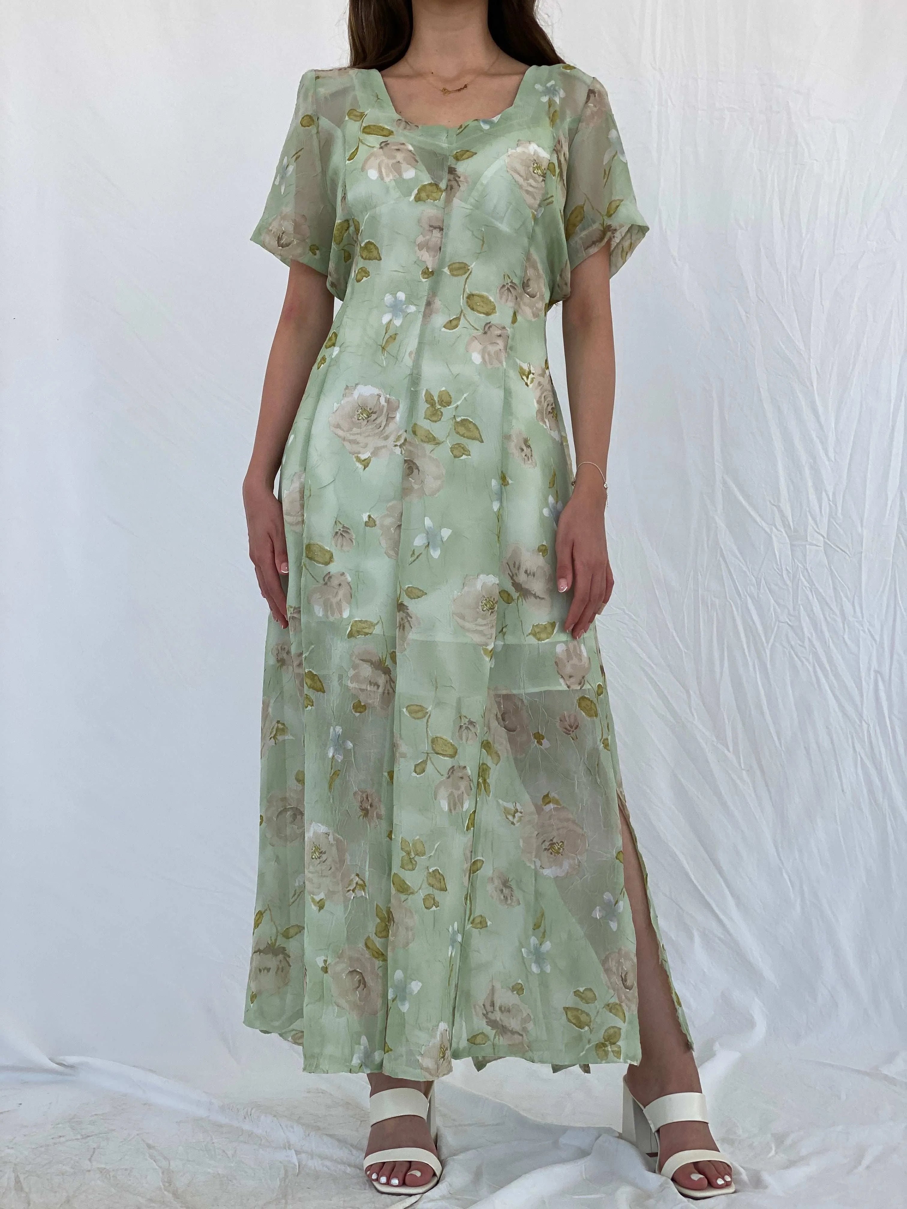 Vintage Handmade Mint Green Sheer Floral Print Maxi Dress - M - Balagan Vintage Maxi Dress 00s, 90s, maxi dress, Mira, sheer