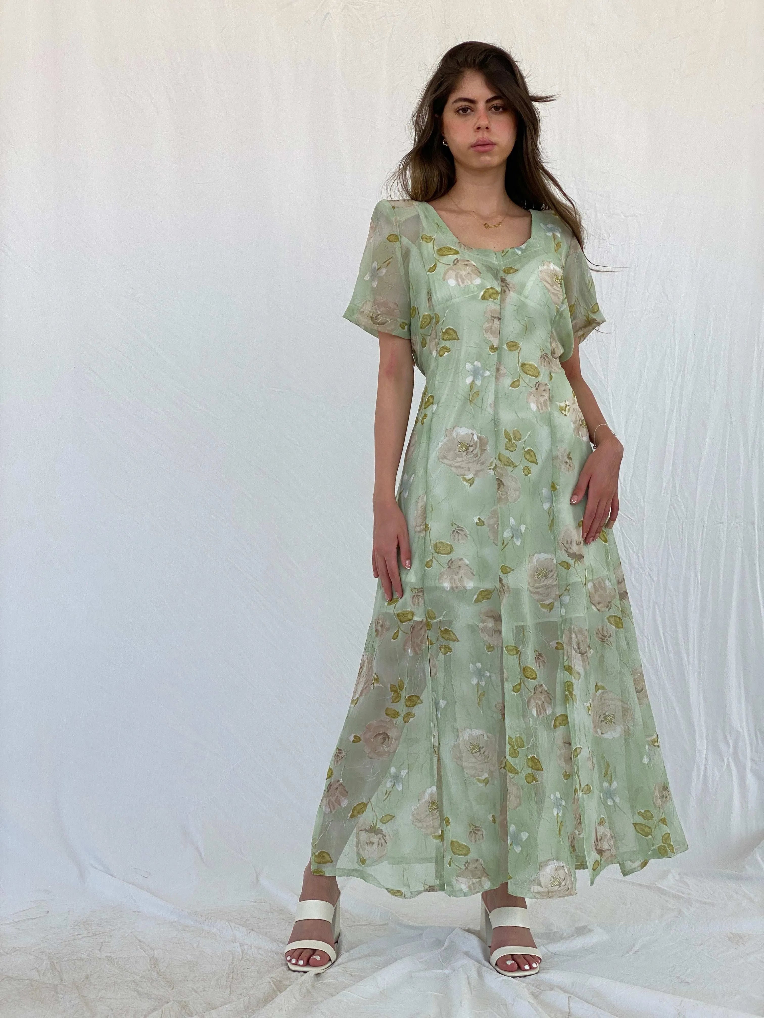 Vintage Handmade Mint Green Sheer Floral Print Maxi Dress - M - Balagan Vintage Maxi Dress 00s, 90s, maxi dress, Mira, sheer