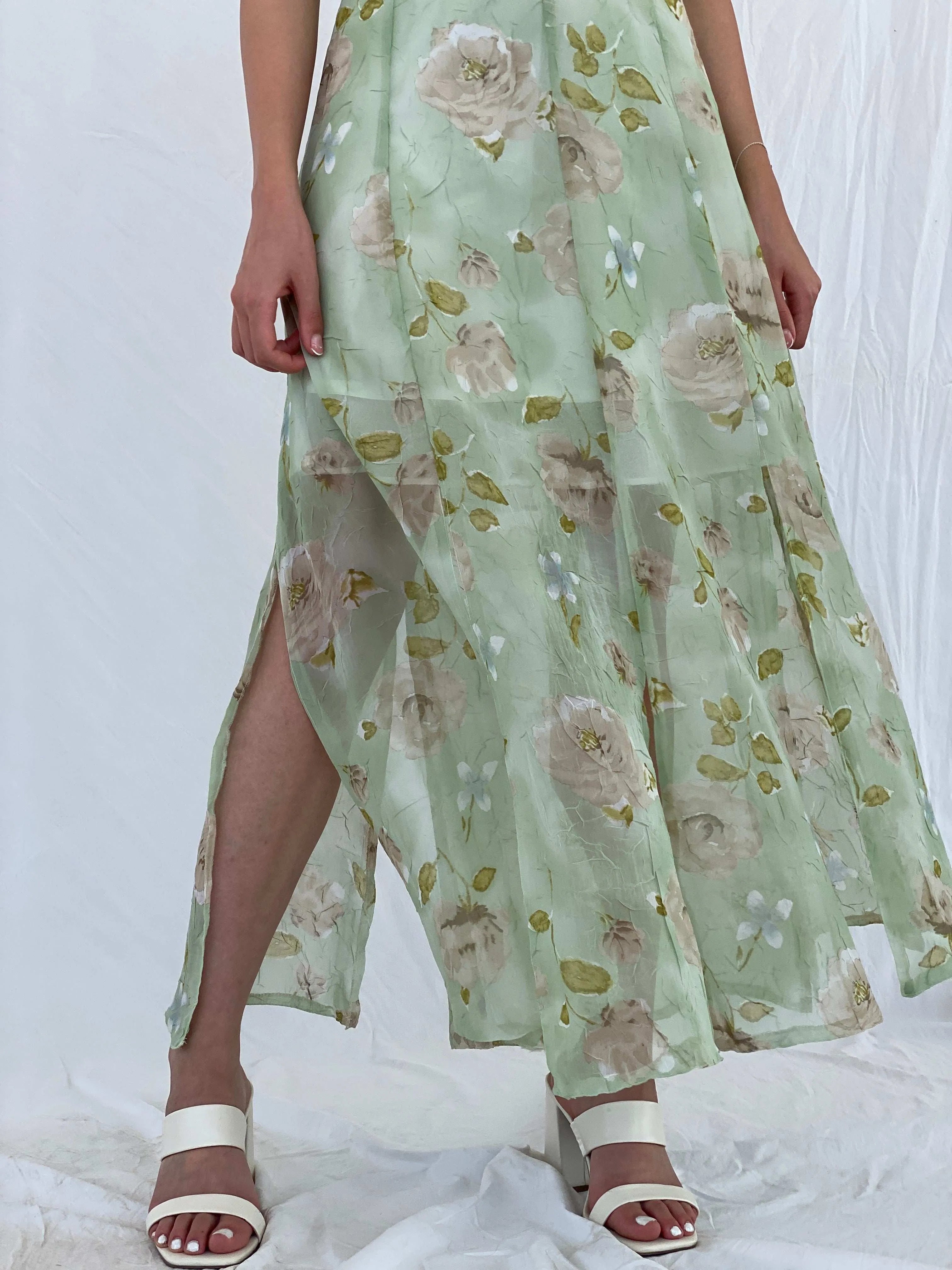 Vintage Handmade Mint Green Sheer Floral Print Maxi Dress - M - Balagan Vintage Maxi Dress 00s, 90s, maxi dress, Mira, sheer