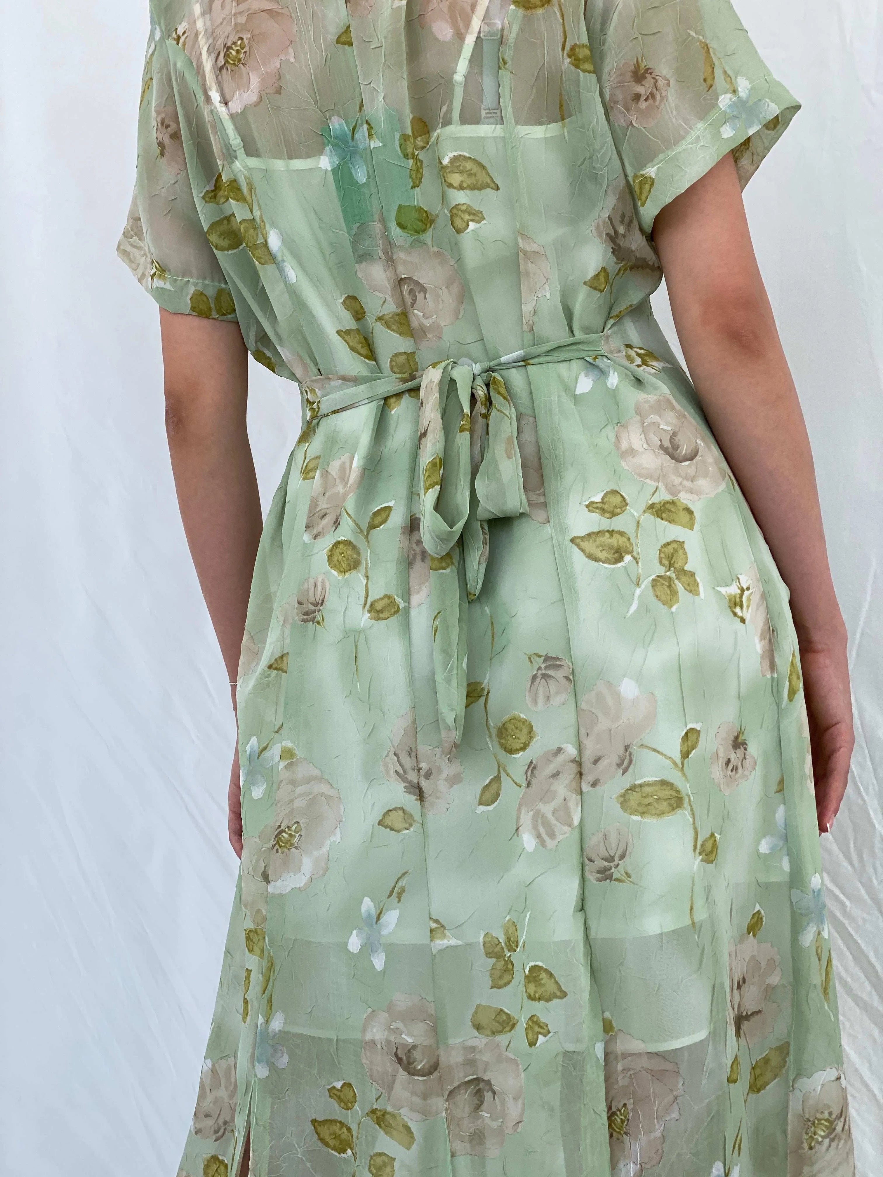 Vintage Handmade Mint Green Sheer Floral Print Maxi Dress - M - Balagan Vintage Maxi Dress 00s, 90s, maxi dress, Mira, sheer