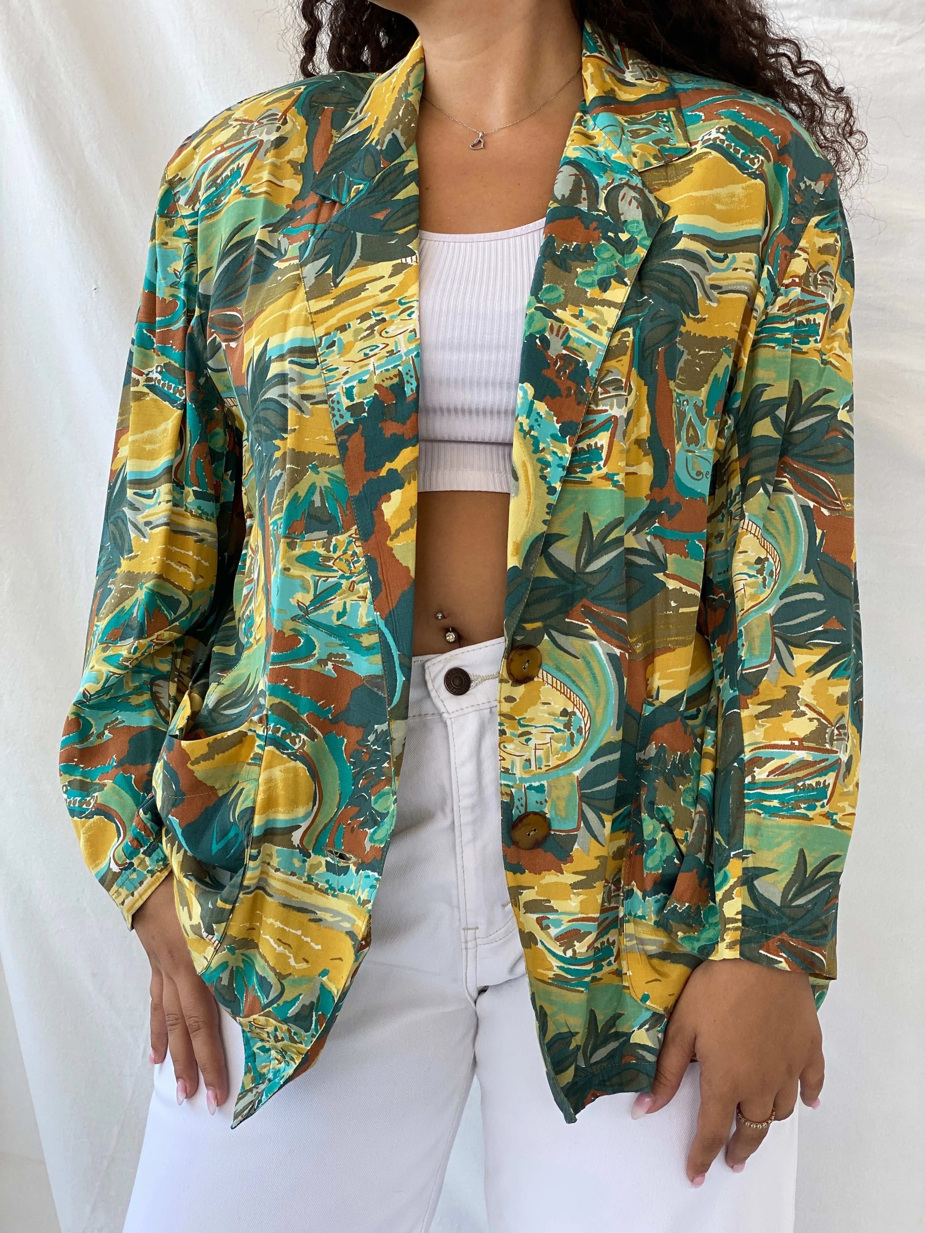 Vintage Handmade Multicolor Afro-Print Green and Yellow Blazer - L - Balagan Vintage Half Sleeve Blazer 00s, 90s, Afro print, blazer, Dina, full sleeve blazer, mesh, mesh top
