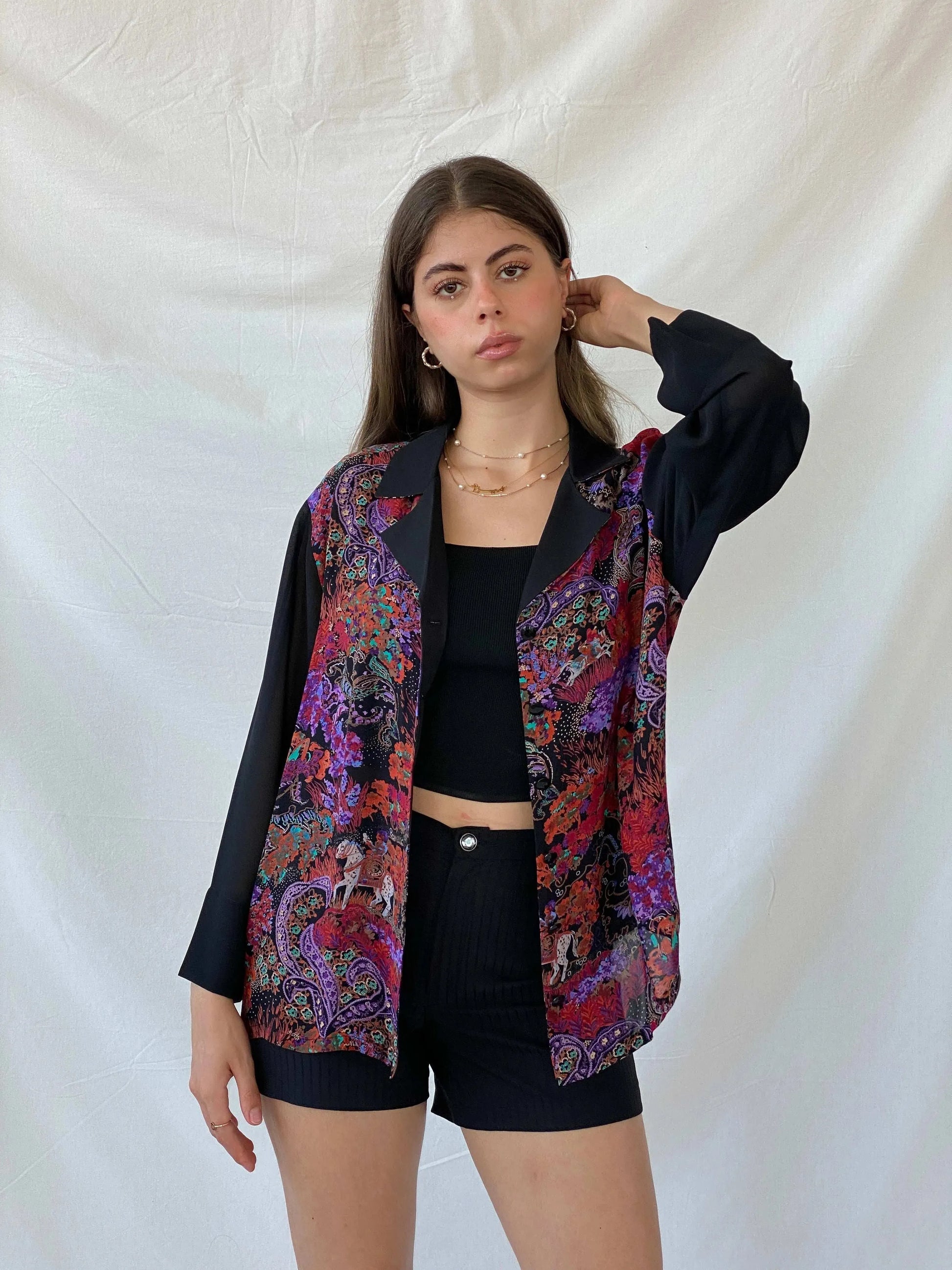 Vintage Handmade Multicolor Semi Sheer Paisley Print Black Shirt - L - Balagan Vintage Full Sleeve Shirt 00s, 90s, full sleeve shirt, handmade, Mira, Office core, rare vintage, women top