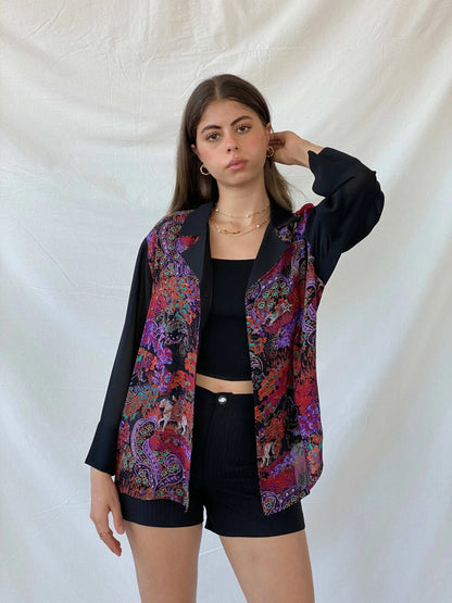 Vintage Handmade Multicolor Semi Sheer Paisley Print Black Shirt - L - Balagan Vintage Full Sleeve Shirt 00s, 90s, full sleeve shirt, handmade, Mira, Office core, rare vintage, women top