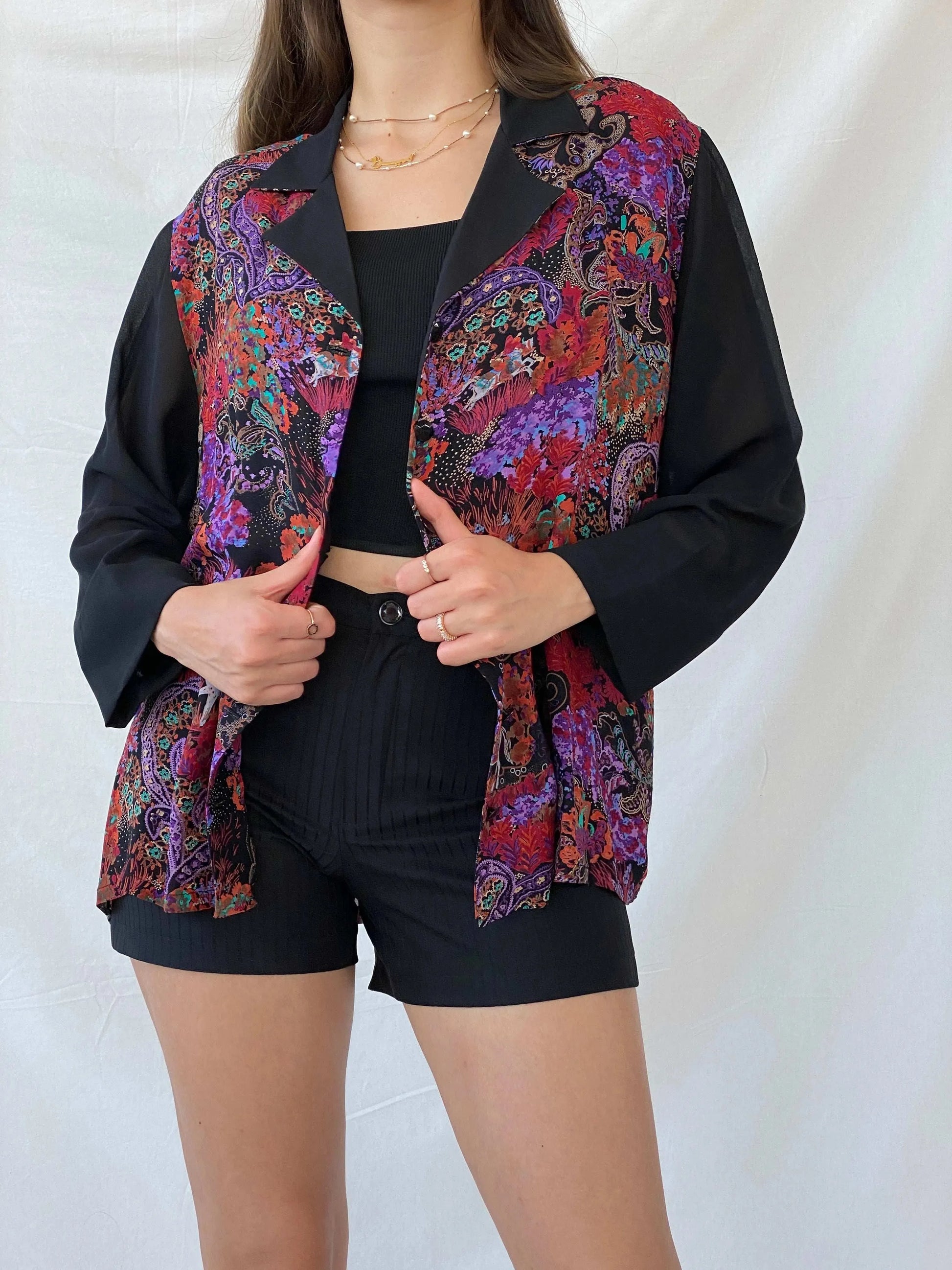 Vintage Handmade Multicolor Semi Sheer Paisley Print Black Shirt - L - Balagan Vintage Full Sleeve Shirt 00s, 90s, full sleeve shirt, handmade, Mira, Office core, rare vintage, women top