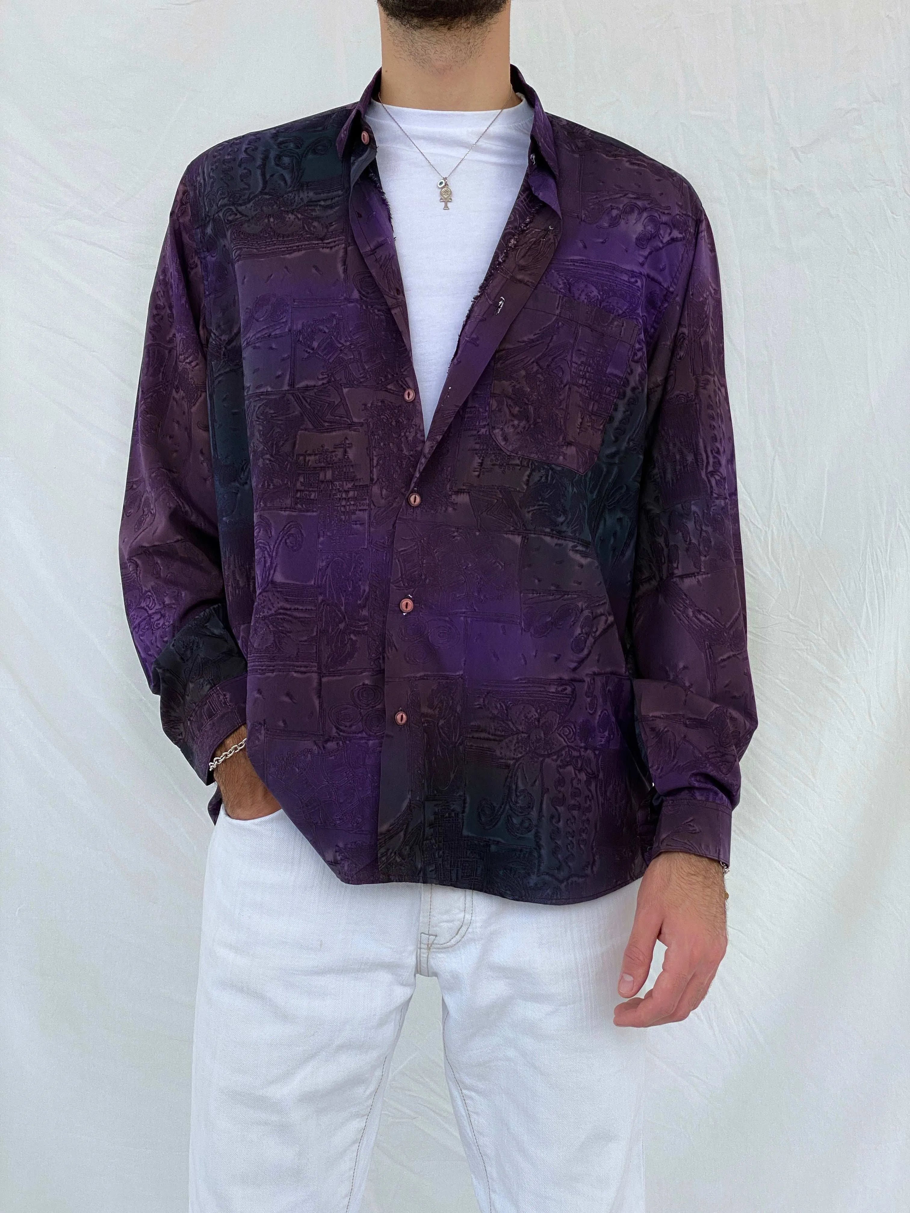 Vintage Handmade Purple Full Sleeve Silk Shirt - Balagan Vintage Full Sleeve Shirt 90s, Awsam, printed silk shirt, silk, silk shirt