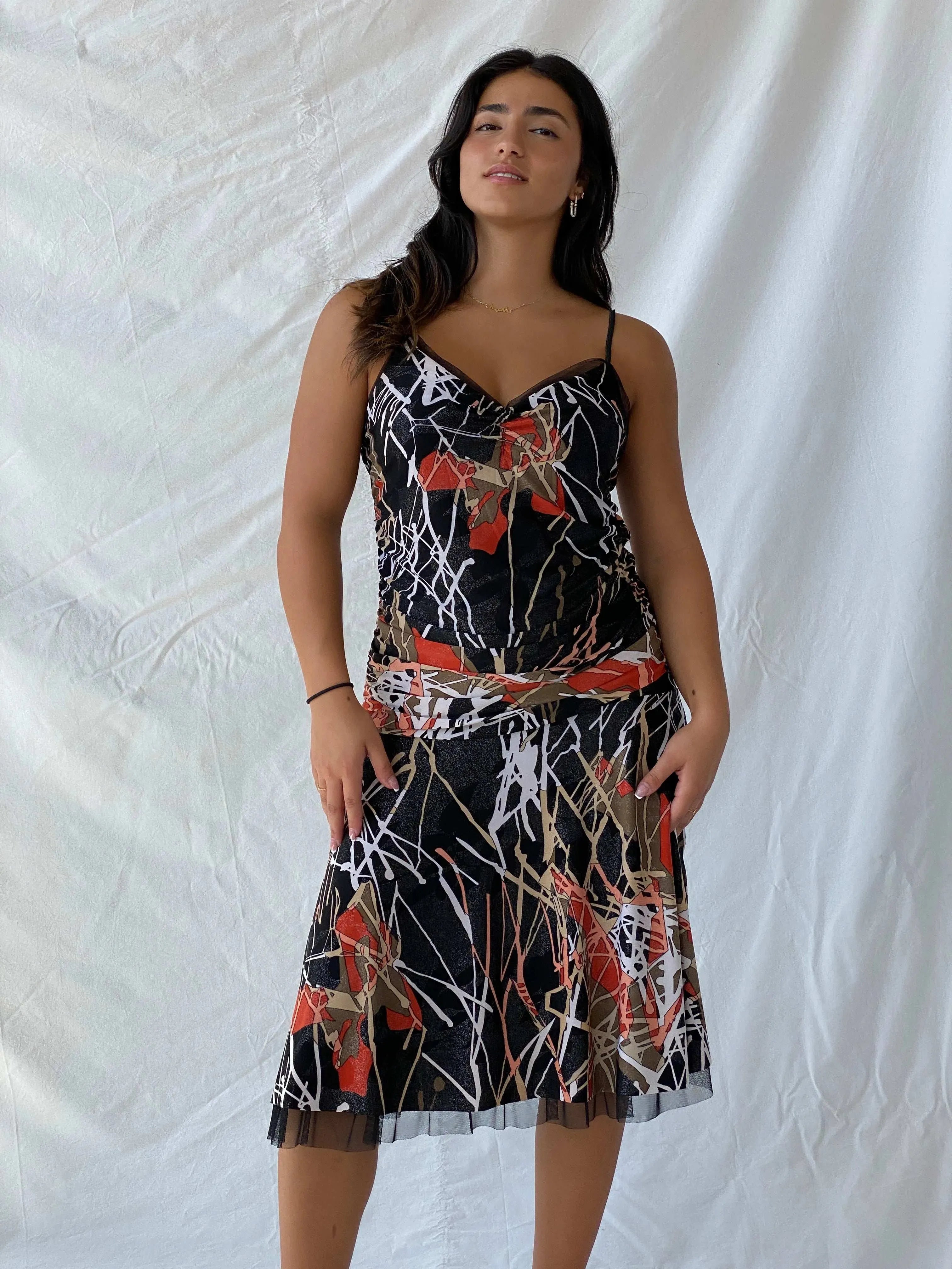 Vintage Handmade Shimmery Black Abstract Line Print Midi Dress - L - Balagan Vintage Midi Dress 00s, 90s dress, Deals, dress, Lana, midi dress, spaghetti strap dress, summer, Wedding Guest, womens
