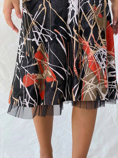 Vintage Handmade Shimmery Black Abstract Line Print Midi Dress - L - Balagan Vintage Midi Dress 00s, 90s dress, Deals, dress, Lana, midi dress, spaghetti strap dress, summer, Wedding Guest, womens