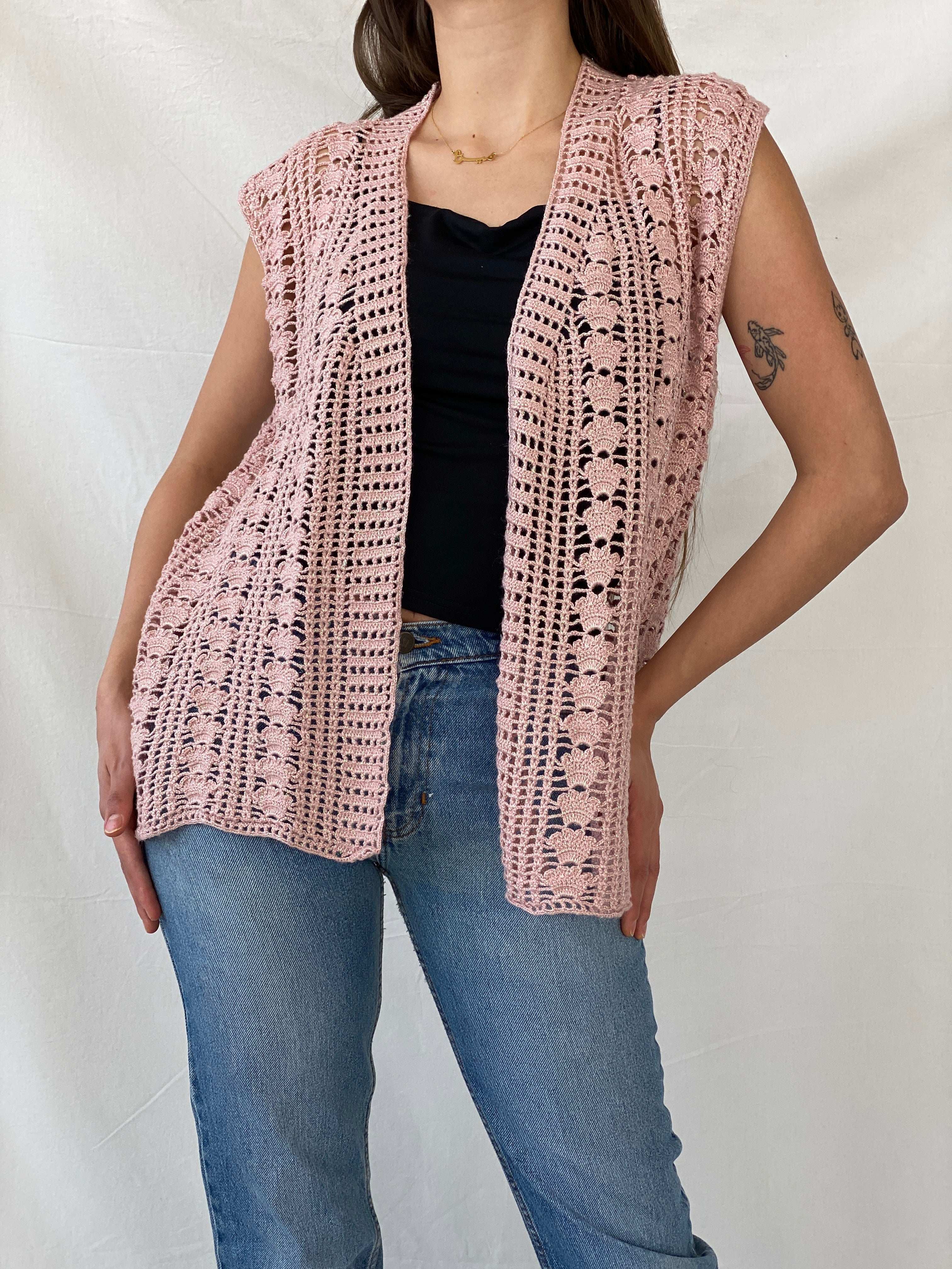 Vintage Handmade Shimmery Pink Knitted Crochet Vest - XL - Balagan Vintage Vest 00s, crochet, Mira, vest, winter, women top