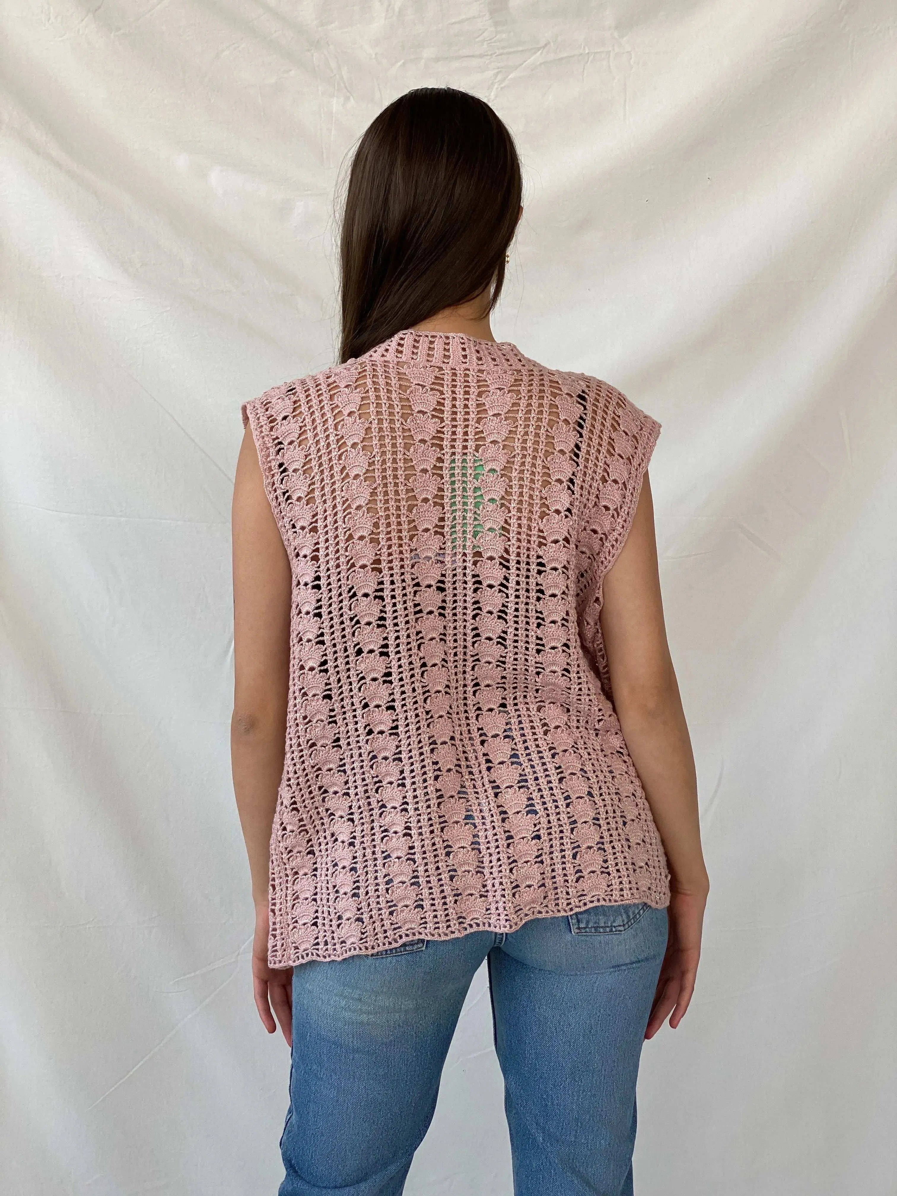 Vintage Handmade Shimmery Pink Knitted Crochet Vest - XL - Balagan Vintage Vest 00s, crochet, Mira, vest, winter, women top