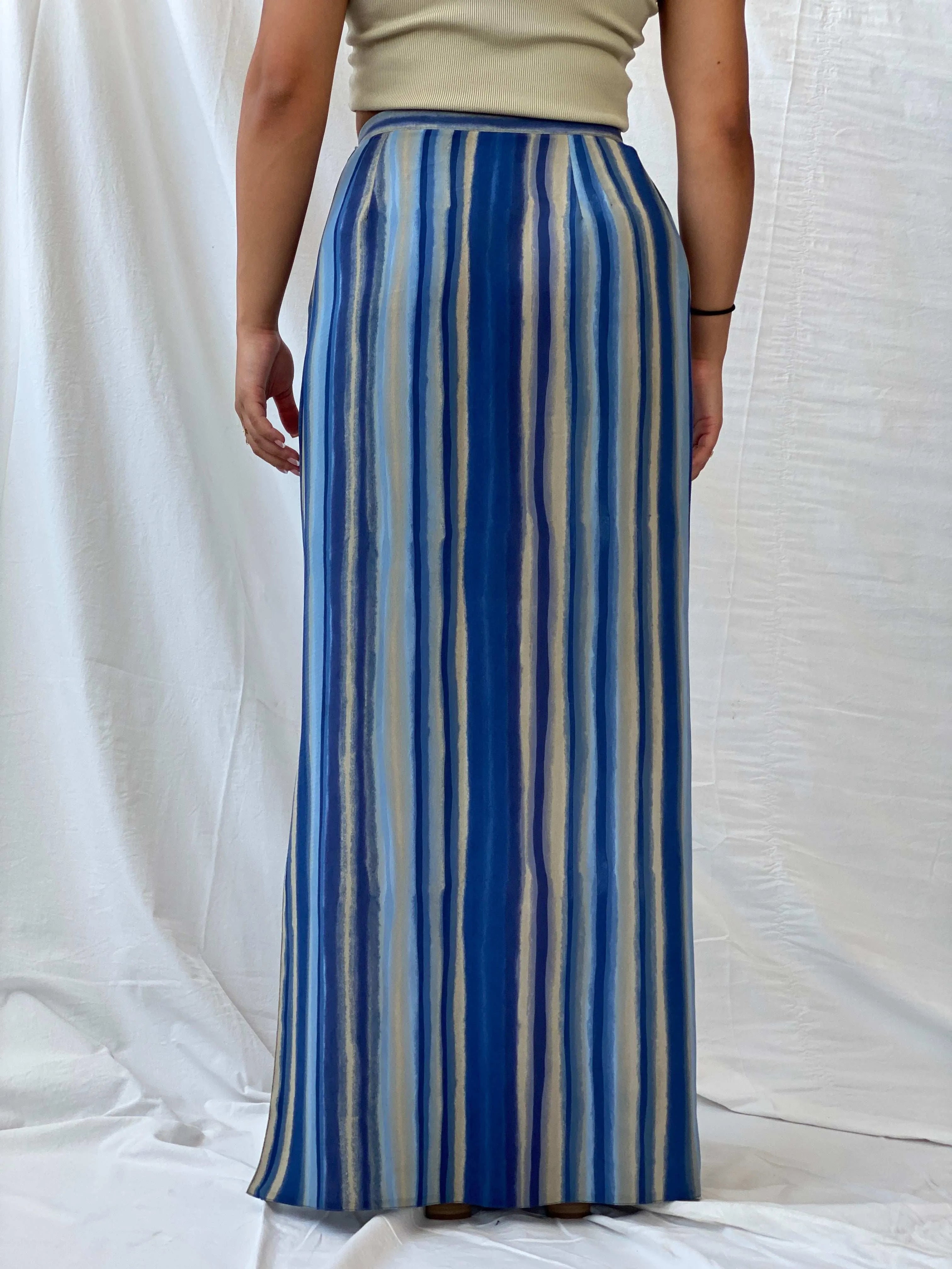 Vintage Handmade Striped Blue and Beige Beach Maxi Skirt - M - Balagan Vintage Maxi Skirt 00s, beach bag, Lana, maxi skirt, striped, stripes, summer, summer prints
