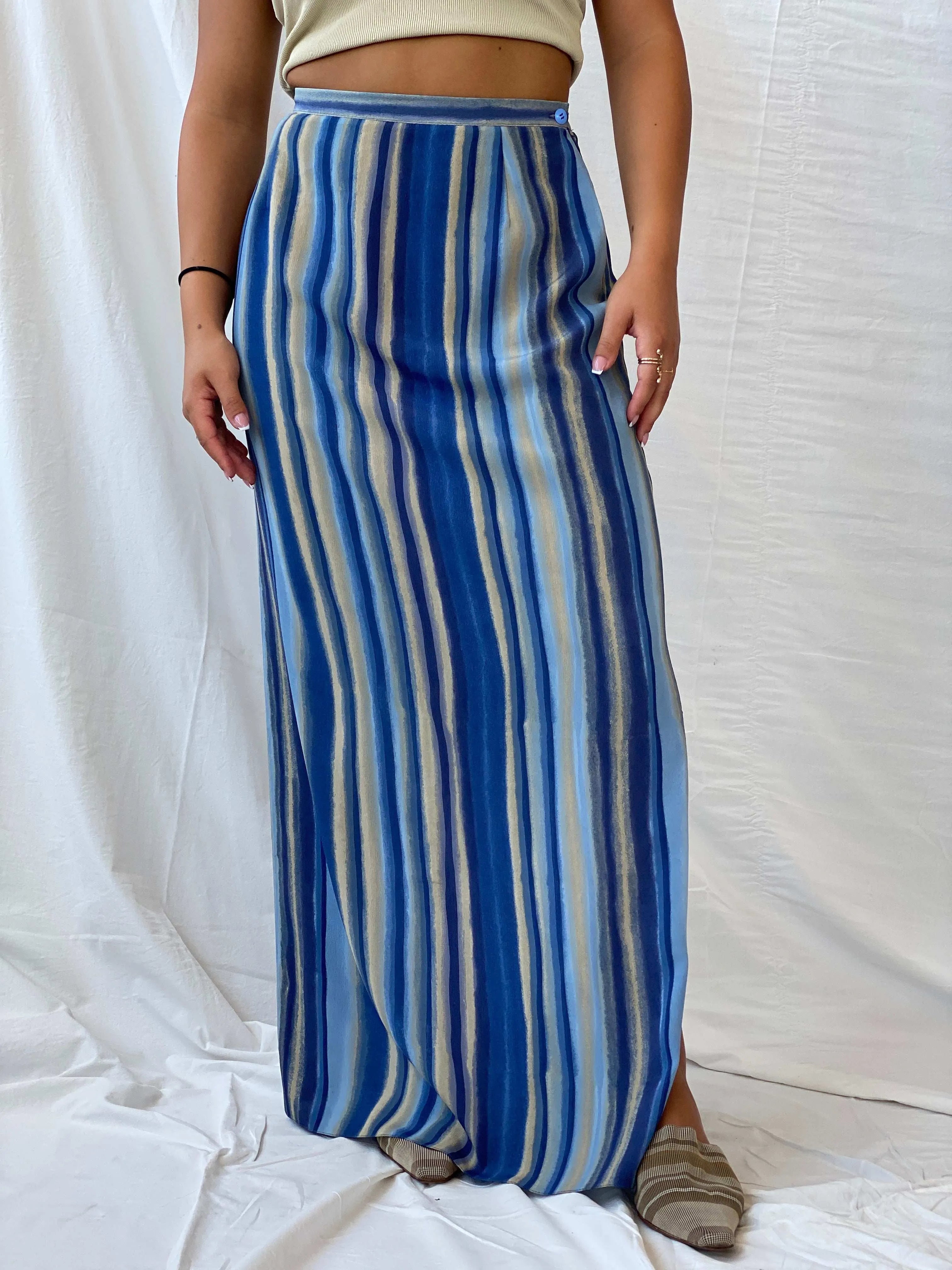 Vintage Handmade Striped Blue and Beige Beach Maxi Skirt - M - Balagan Vintage Maxi Skirt 00s, beach bag, Lana, maxi skirt, striped, stripes, summer, summer prints