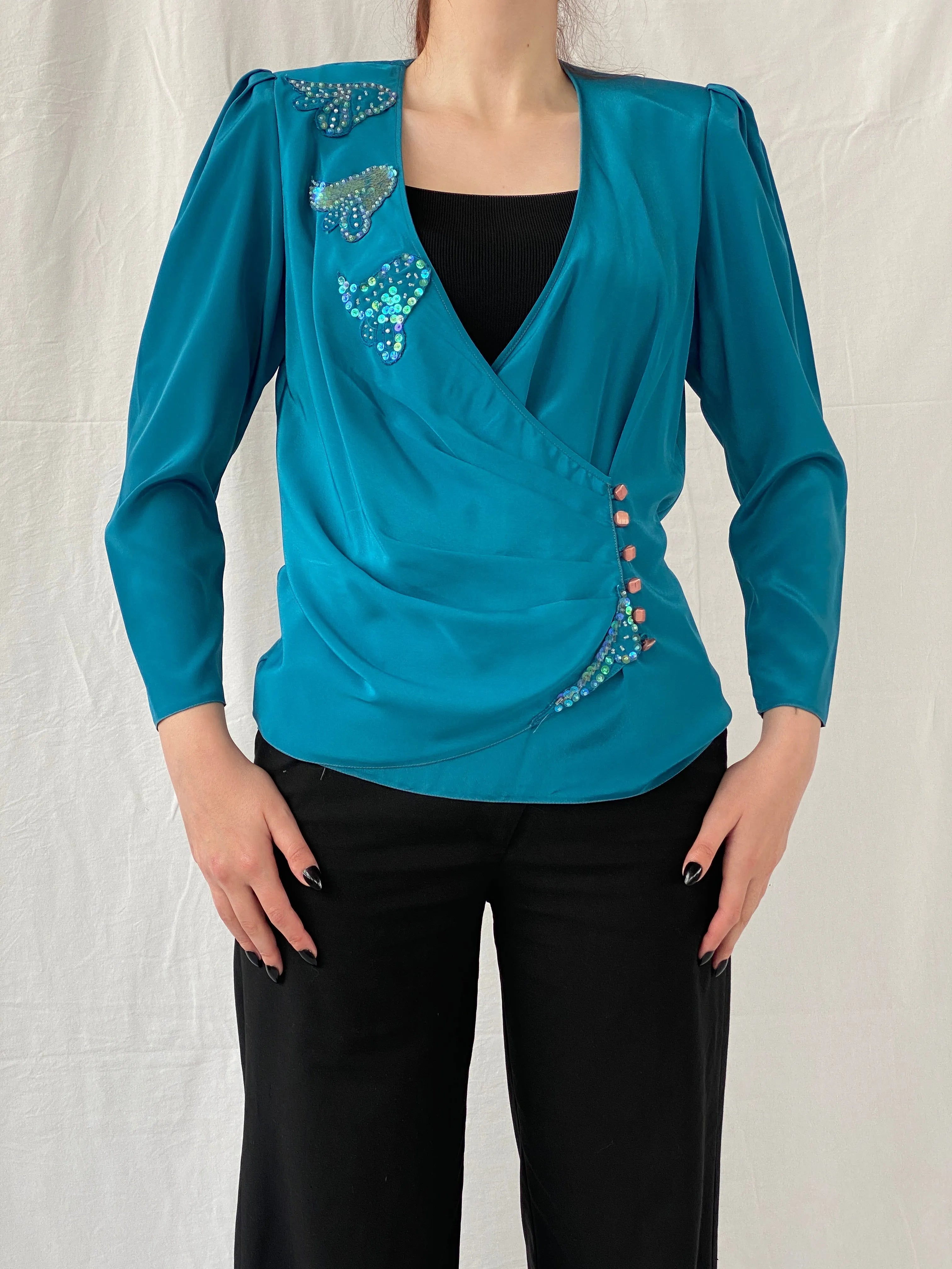 Vintage Handmade Turquoise Aqua Women’s Long Sleeve Sequin Party Wrap Blouse - M - Balagan Vintage Full sleeve Shirt 00s, Ayah, full sleeve shirt, shirt, women shirt