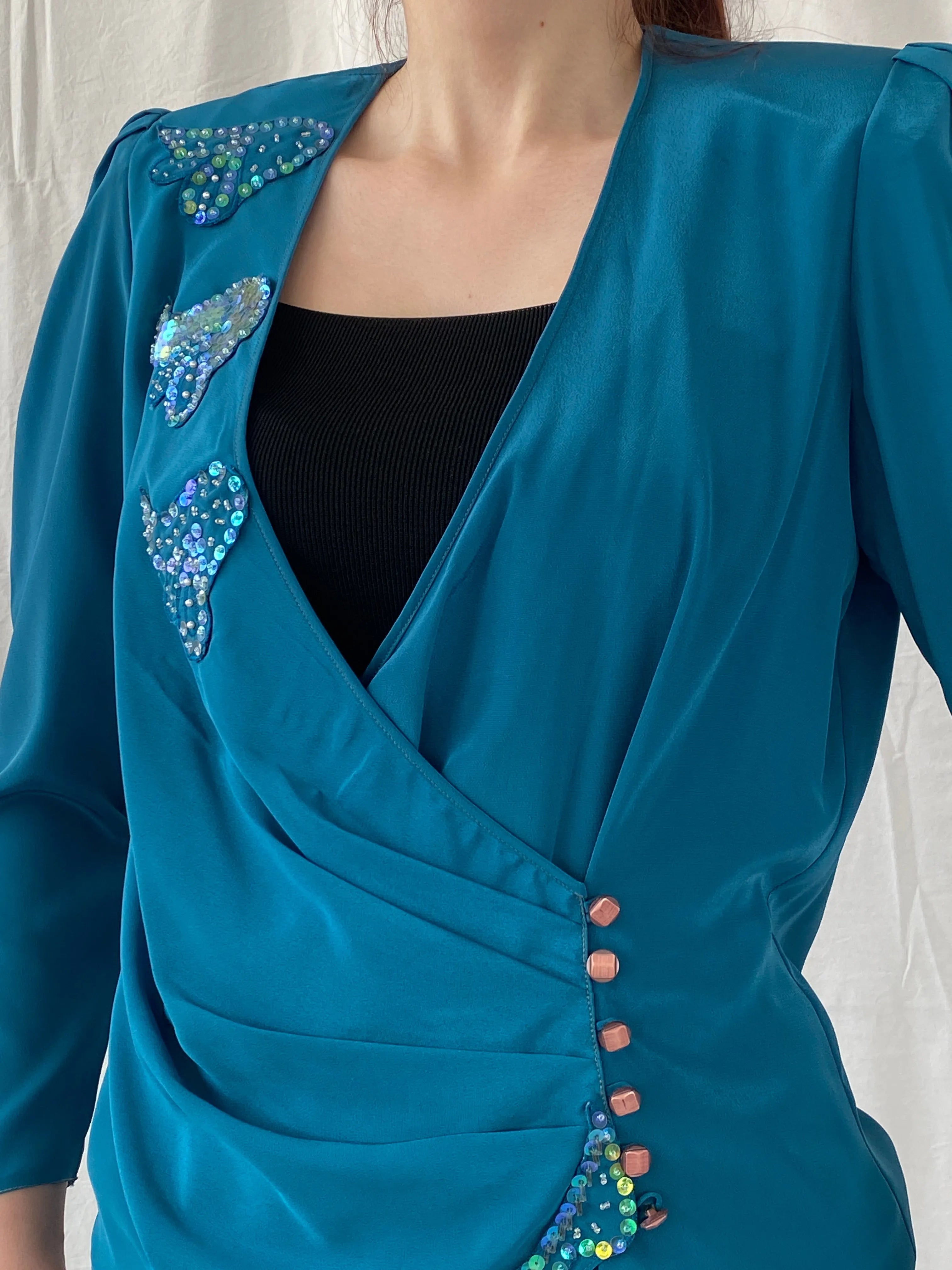 Vintage Handmade Turquoise Aqua Women’s Long Sleeve Sequin Party Wrap Blouse - M - Balagan Vintage Full sleeve Shirt 00s, Ayah, full sleeve shirt, shirt, women shirt