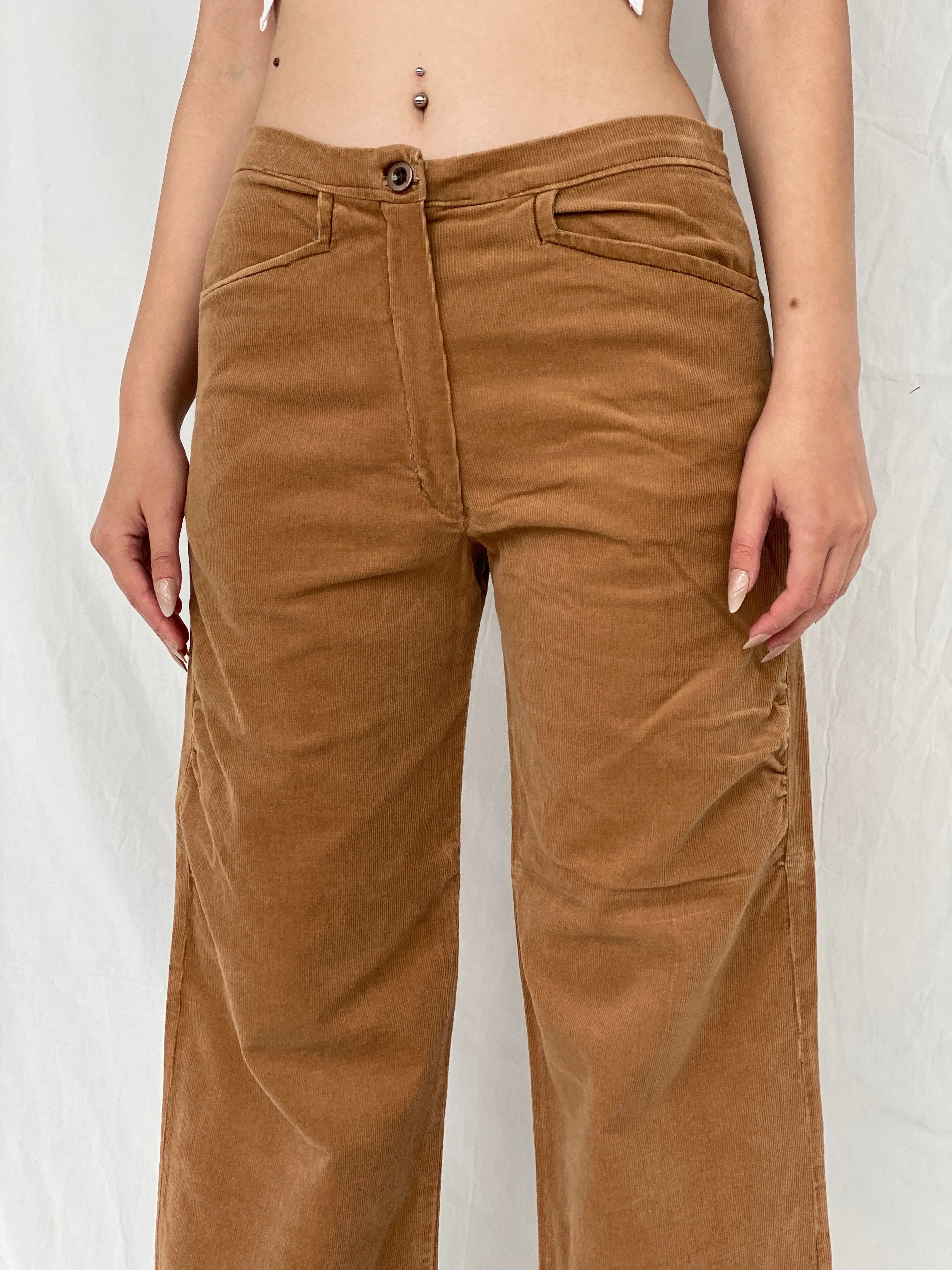 Vintage Handmade Wide-Leg Brown Mid-Rise Corduroy Pants - Casual