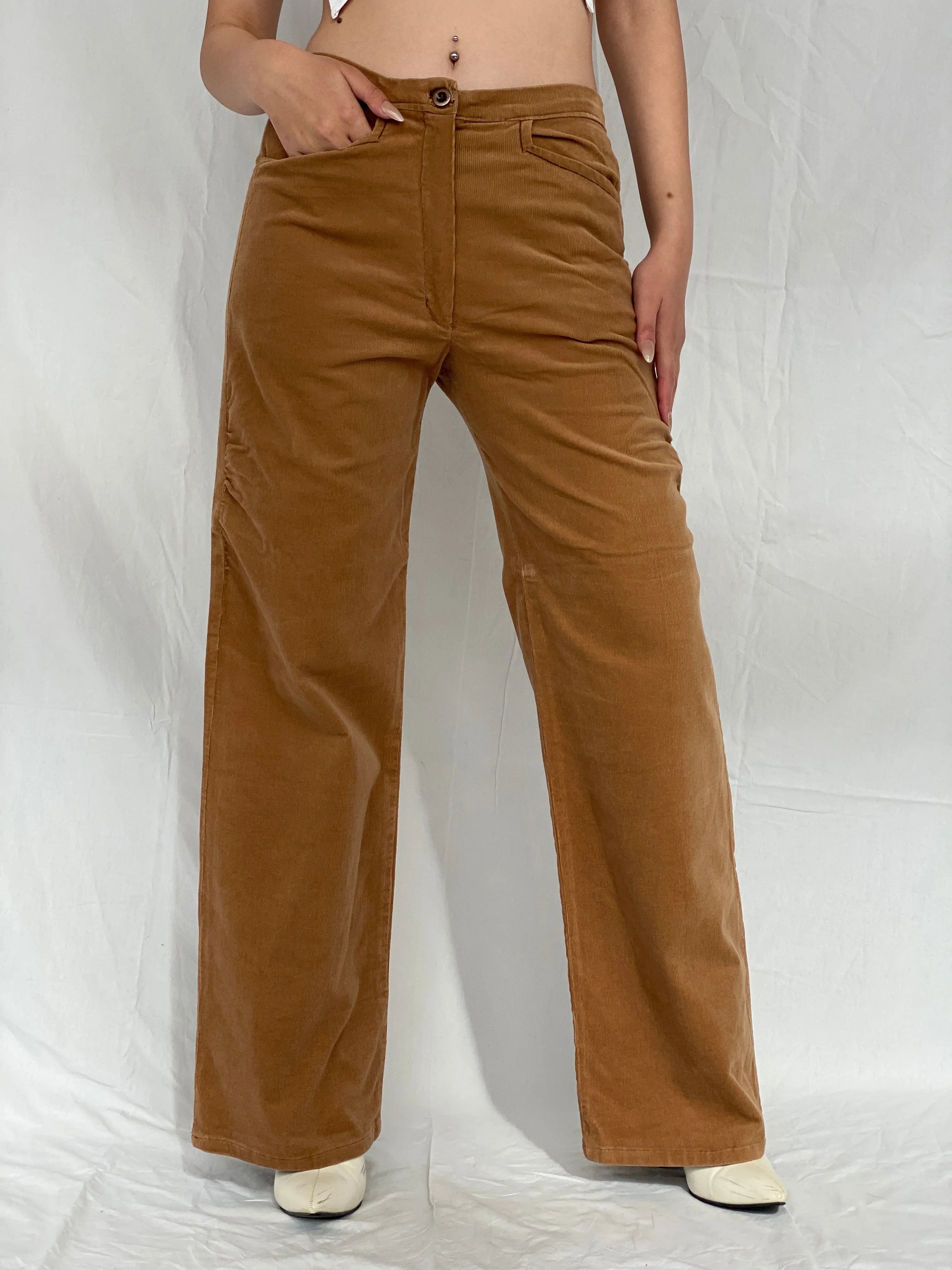 Vintage Handmade Wide-Leg Brown Mid-Rise Corduroy Pants - Casual