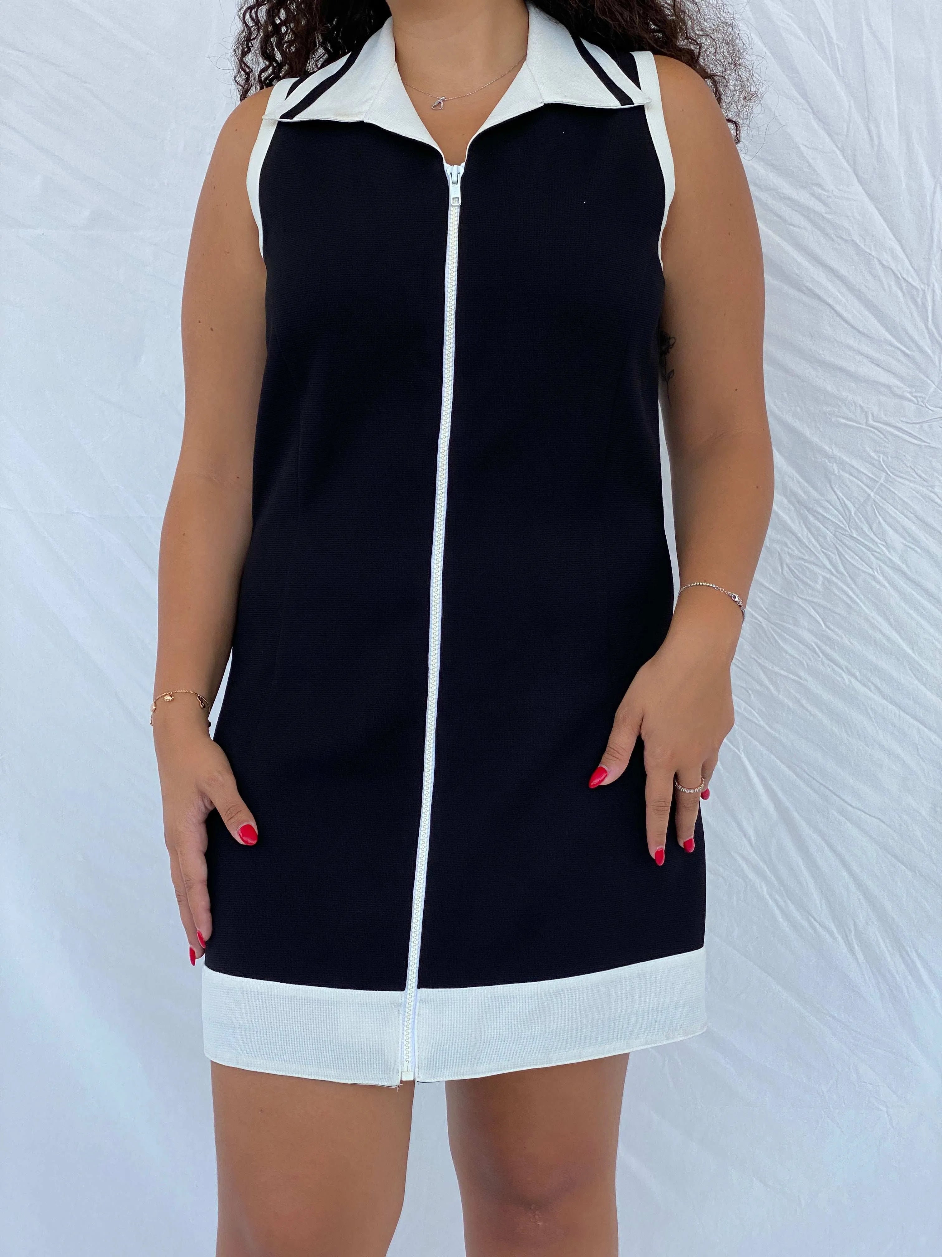 Vintage Handmade Zip-Up Tennis Style Black Midi Dress with White Collar - L - Balagan Vintage Midi Dress 00s, 90s, 90s dress, Deals, Dina, handmade, midi dress