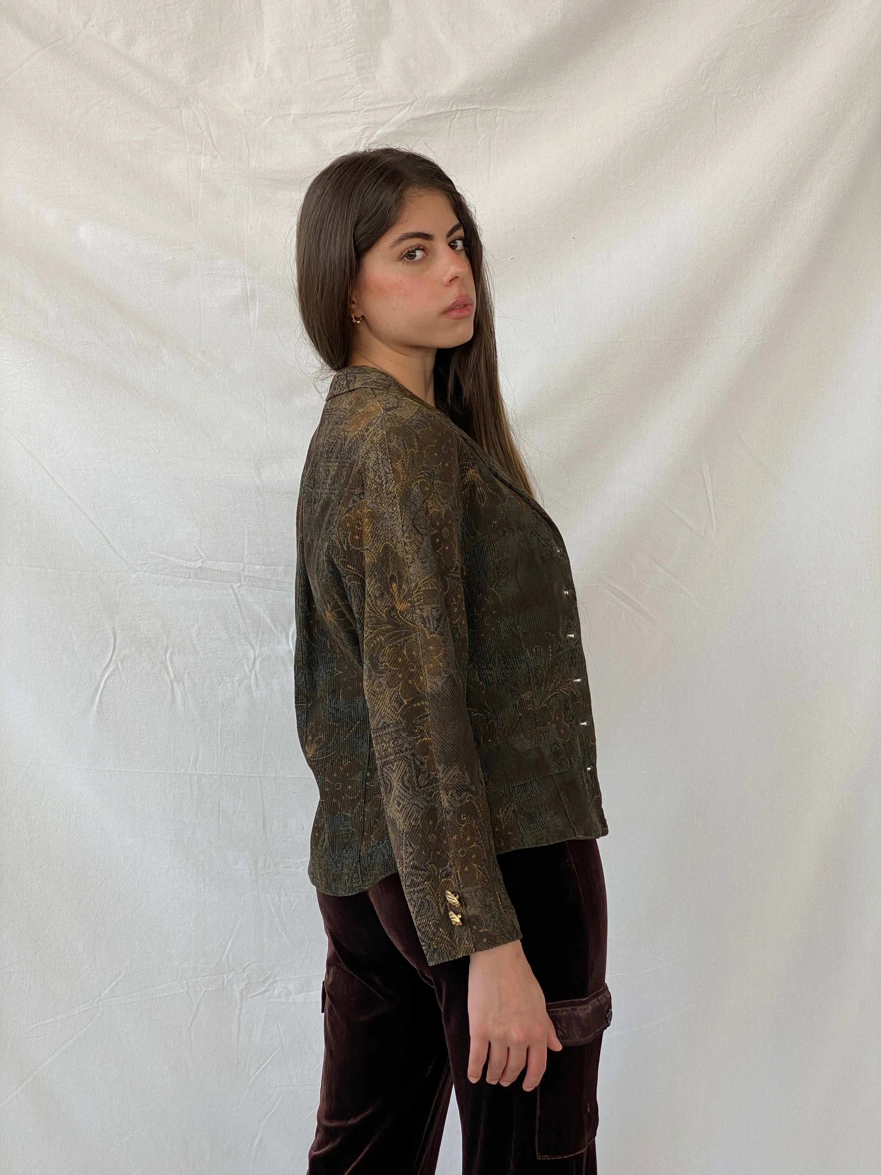 Vintage Happening Floral Olive Green Corduroy Heavy Blazer - M - Balagan Vintage Blazer 00s, blazer, full sleeve blazer, Mira