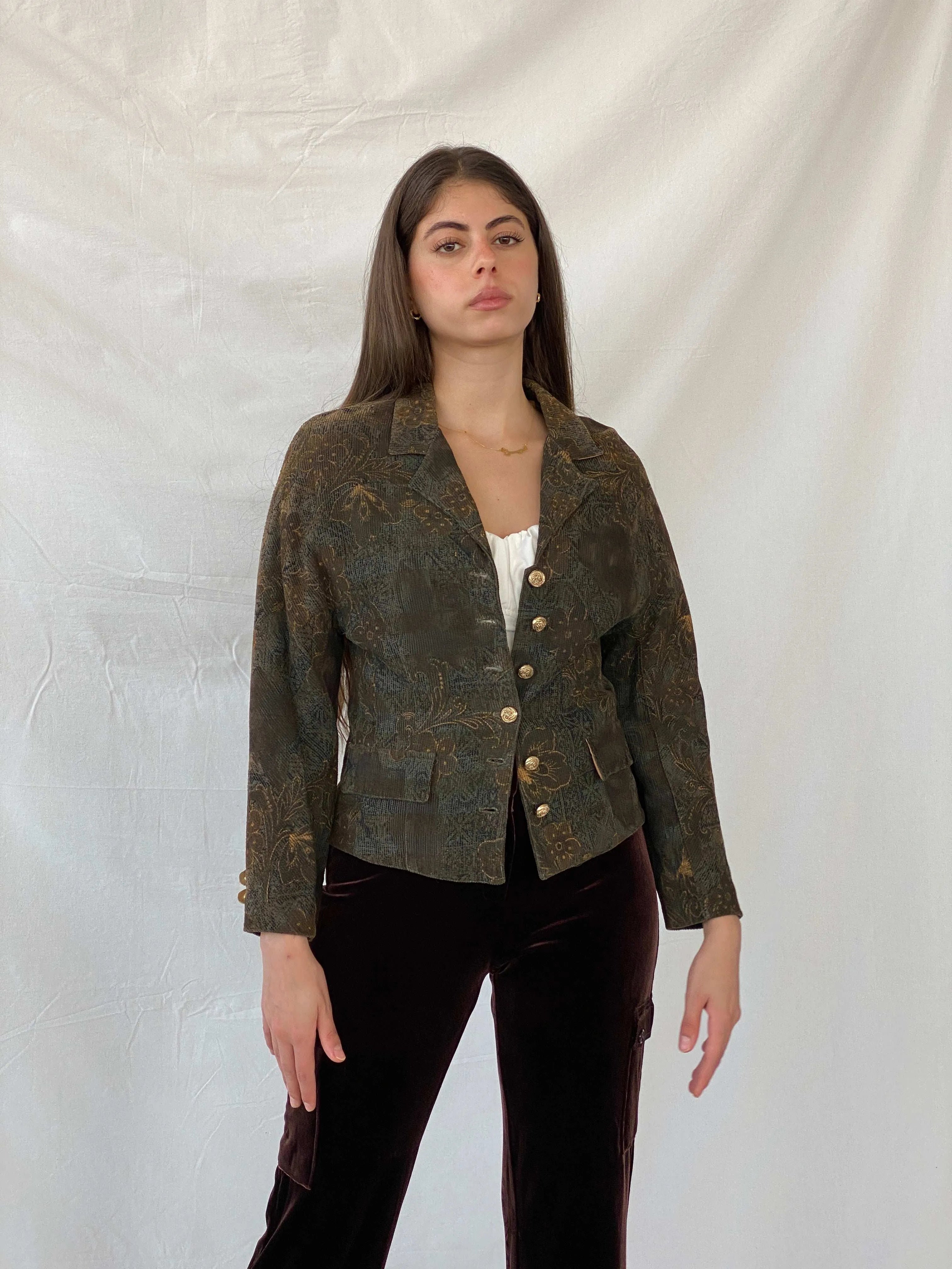 Vintage Happening Floral Olive Green Corduroy Heavy Blazer - M - Balagan Vintage Blazer 00s, blazer, full sleeve blazer, Mira