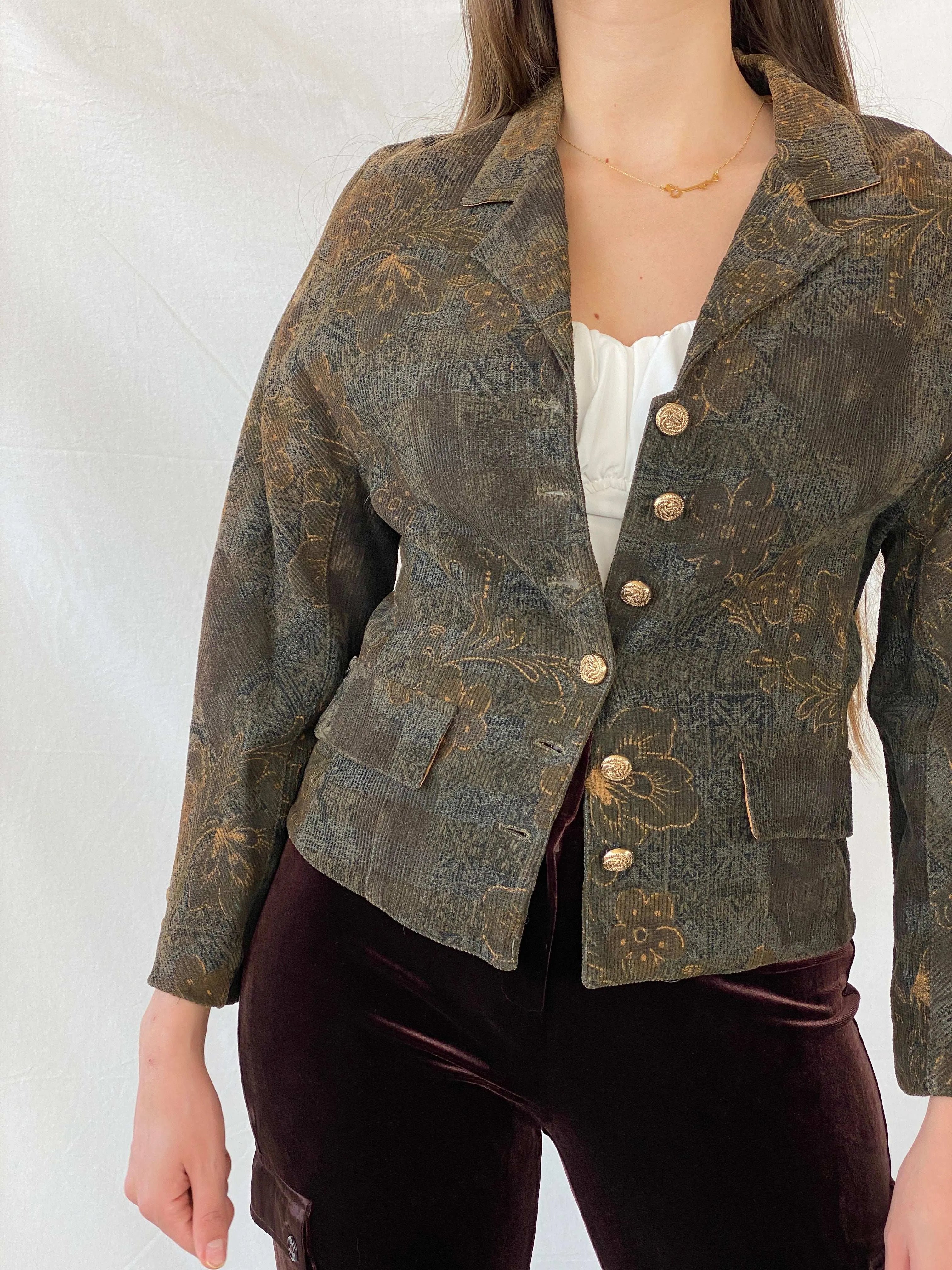 Vintage Happening Floral Olive Green Corduroy Heavy Blazer - M - Balagan Vintage Blazer 00s, blazer, full sleeve blazer, Mira