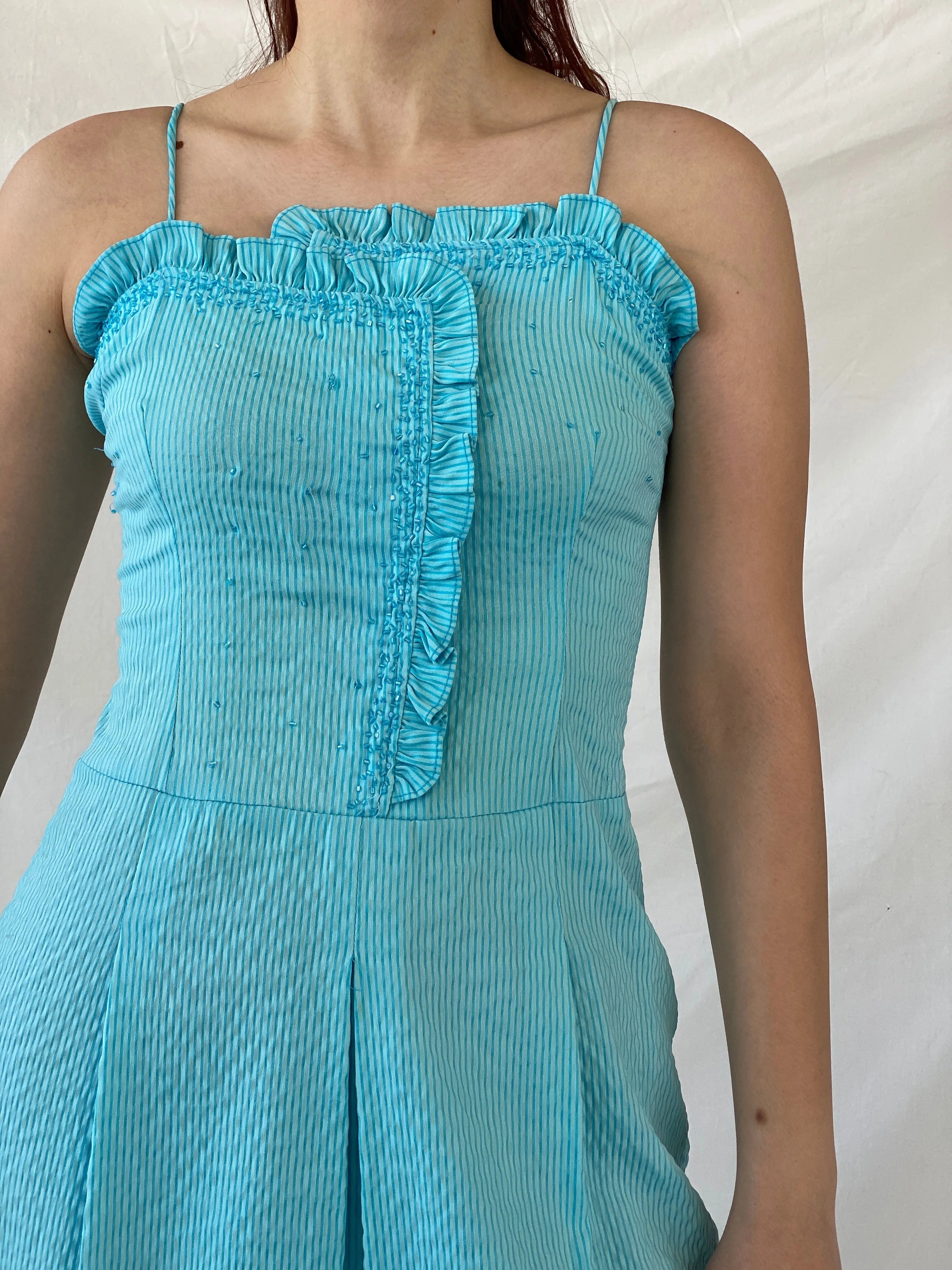 Vintage Hayg Striped Blue Beaded Ruffle Summer Knee Length Dress - M - Balagan Vintage Midi Dress Ayah, dress, midi dress, striped, summer dress, winter