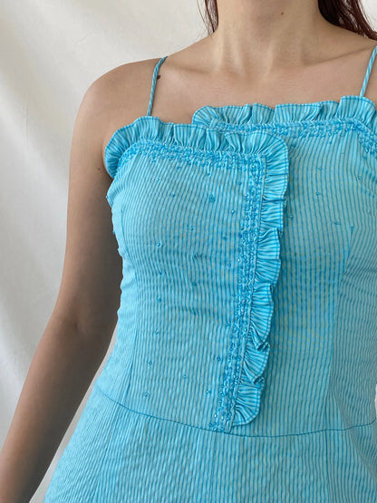 Vintage Hayg Striped Blue Beaded Ruffle Summer Knee Length Dress - M - Balagan Vintage Midi Dress Ayah, dress, midi dress, striped, summer dress, winter