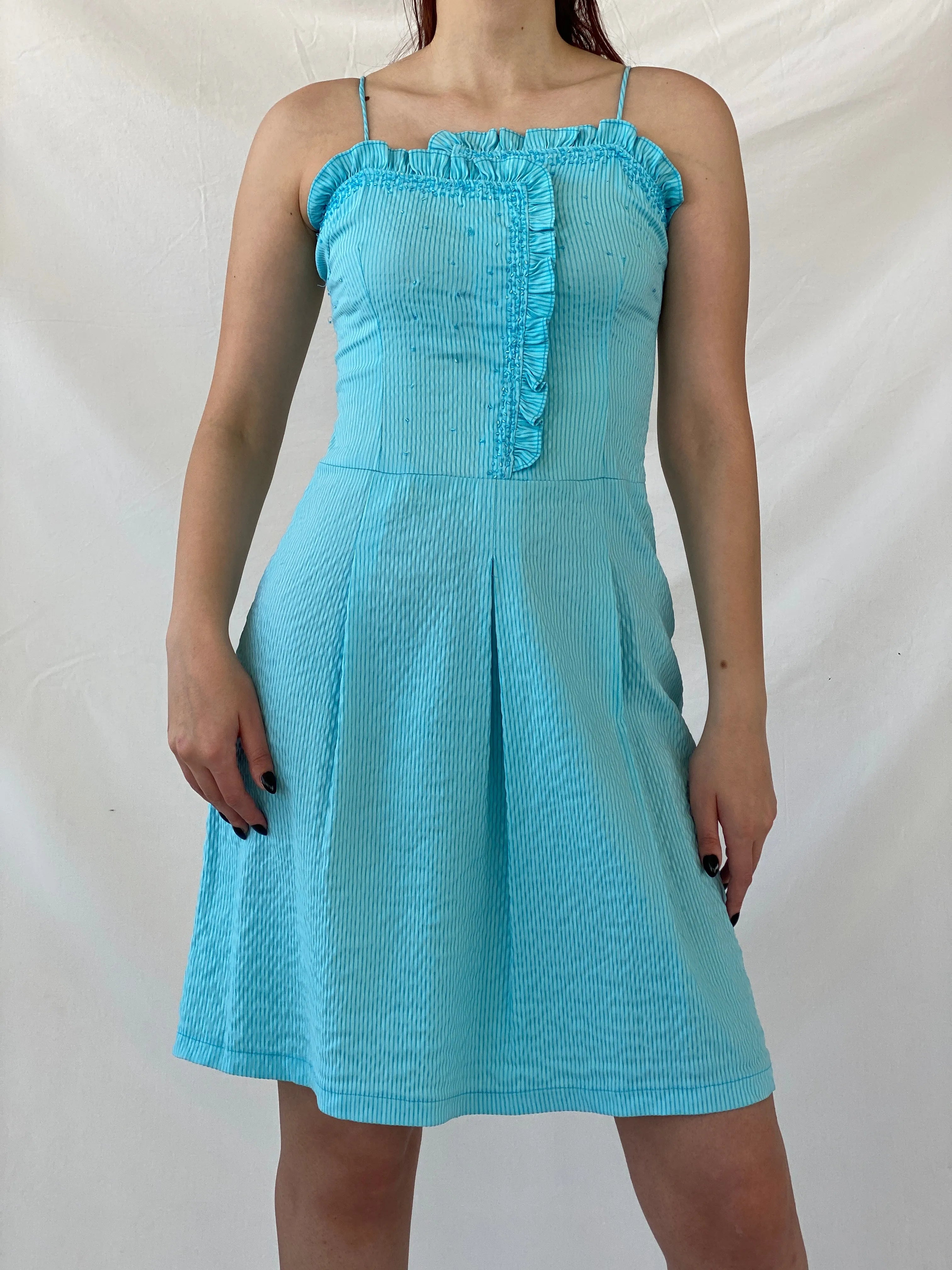 Vintage Hayg Striped Blue Beaded Ruffle Summer Knee Length Dress - M - Balagan Vintage Midi Dress Ayah, dress, midi dress, striped, summer dress, winter