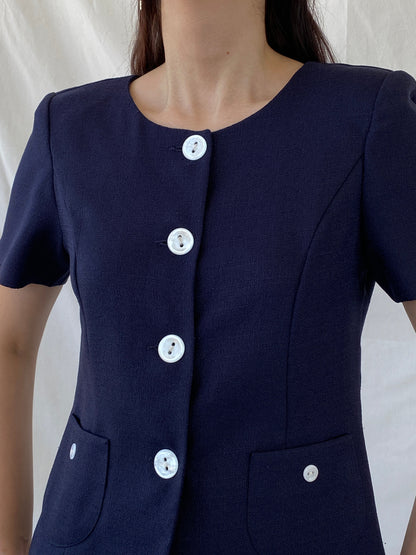 Vintage HBS Collection Navy White Buttons Women’s Short Sleeve Blazer - M - Balagan Vintage Blazer 00s, Ayah, blazer, half sleeve blazer, NEW IN, striped