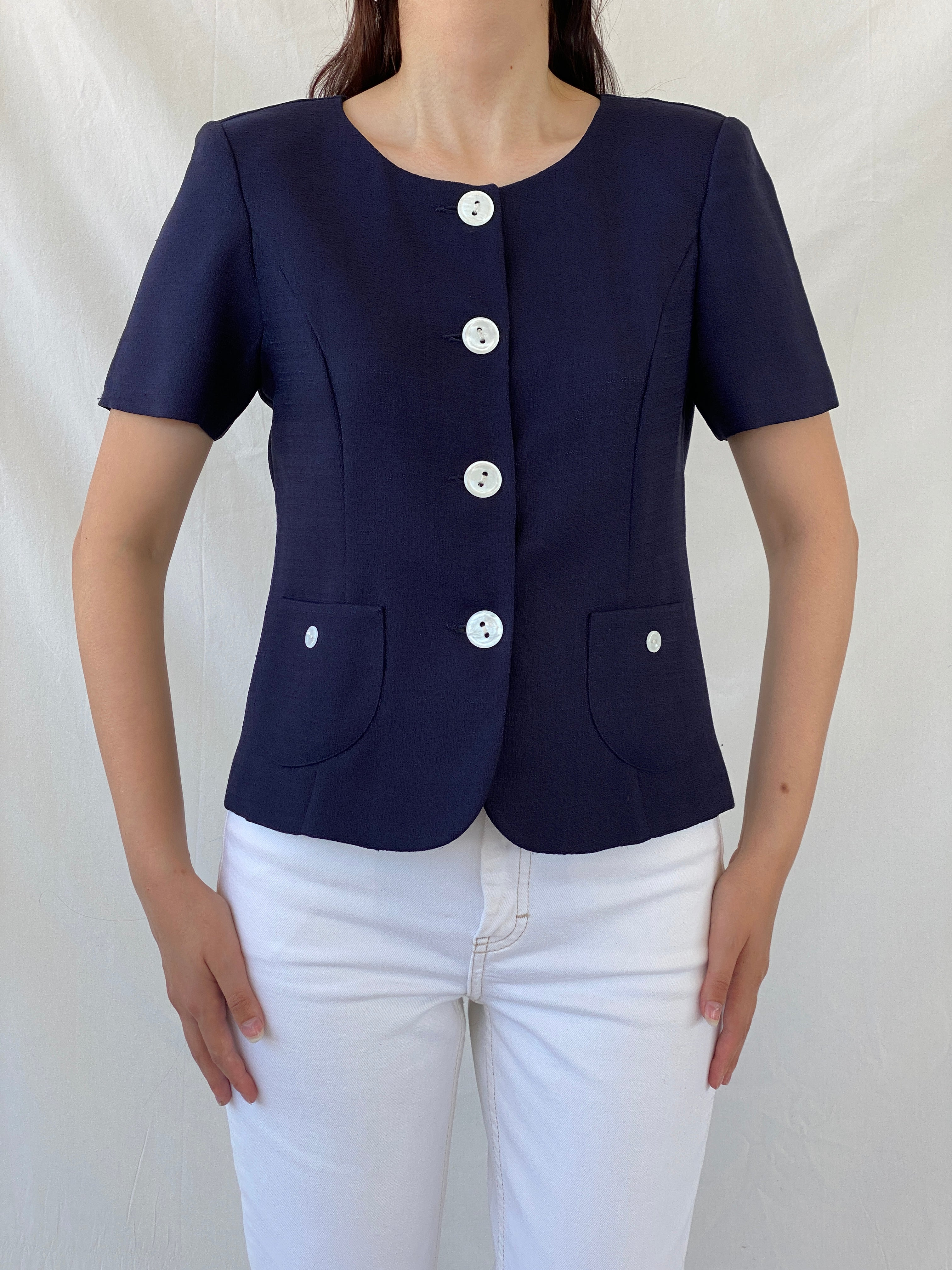 Vintage HBS Collection Navy White Buttons Women’s Short Sleeve Blazer - M - Balagan Vintage Blazer 00s, Ayah, blazer, half sleeve blazer, NEW IN, striped