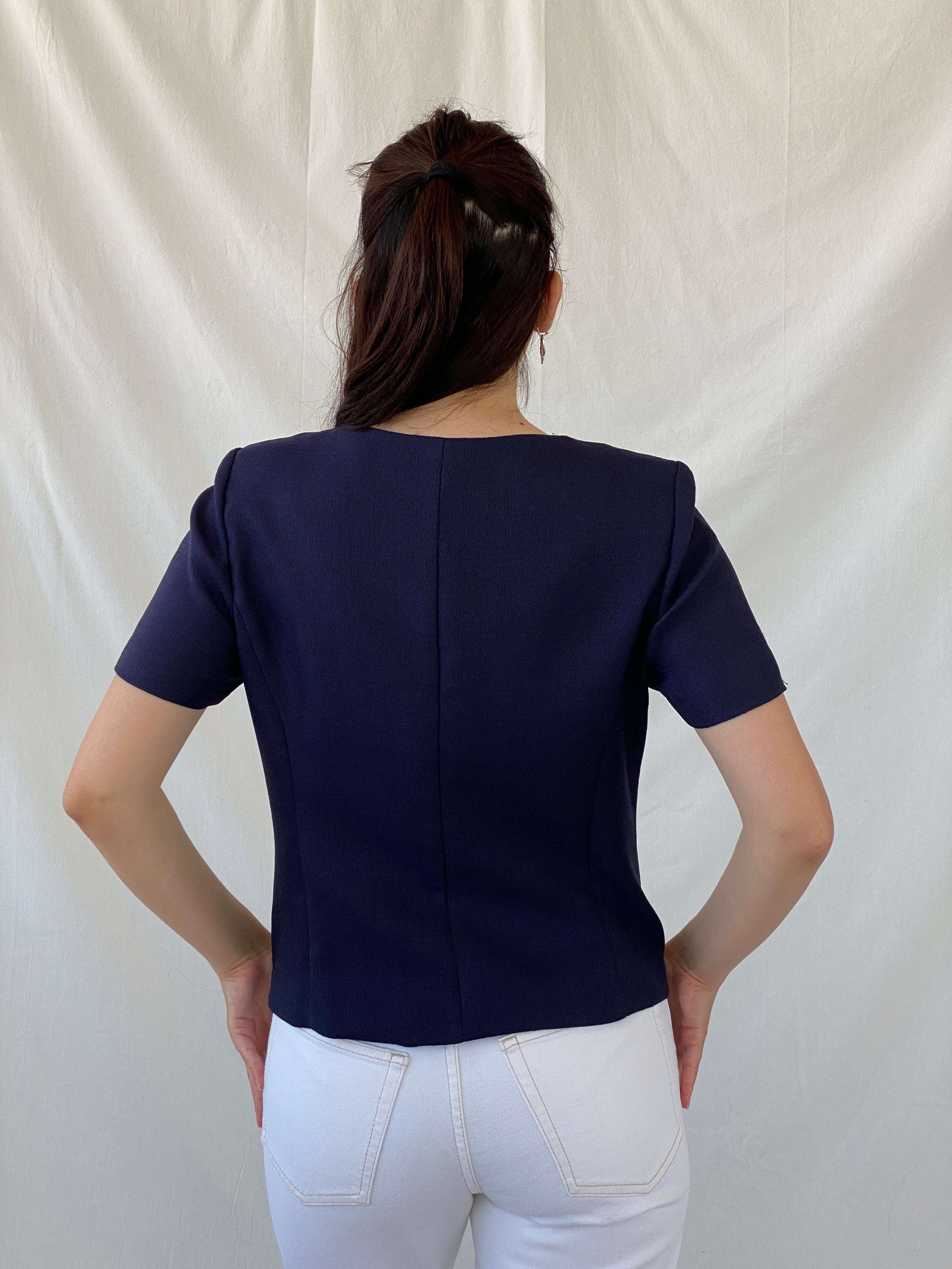 Vintage HBS Collection Navy White Buttons Women’s Short Sleeve Blazer - M - Balagan Vintage Blazer 00s, Ayah, blazer, half sleeve blazer, NEW IN, striped