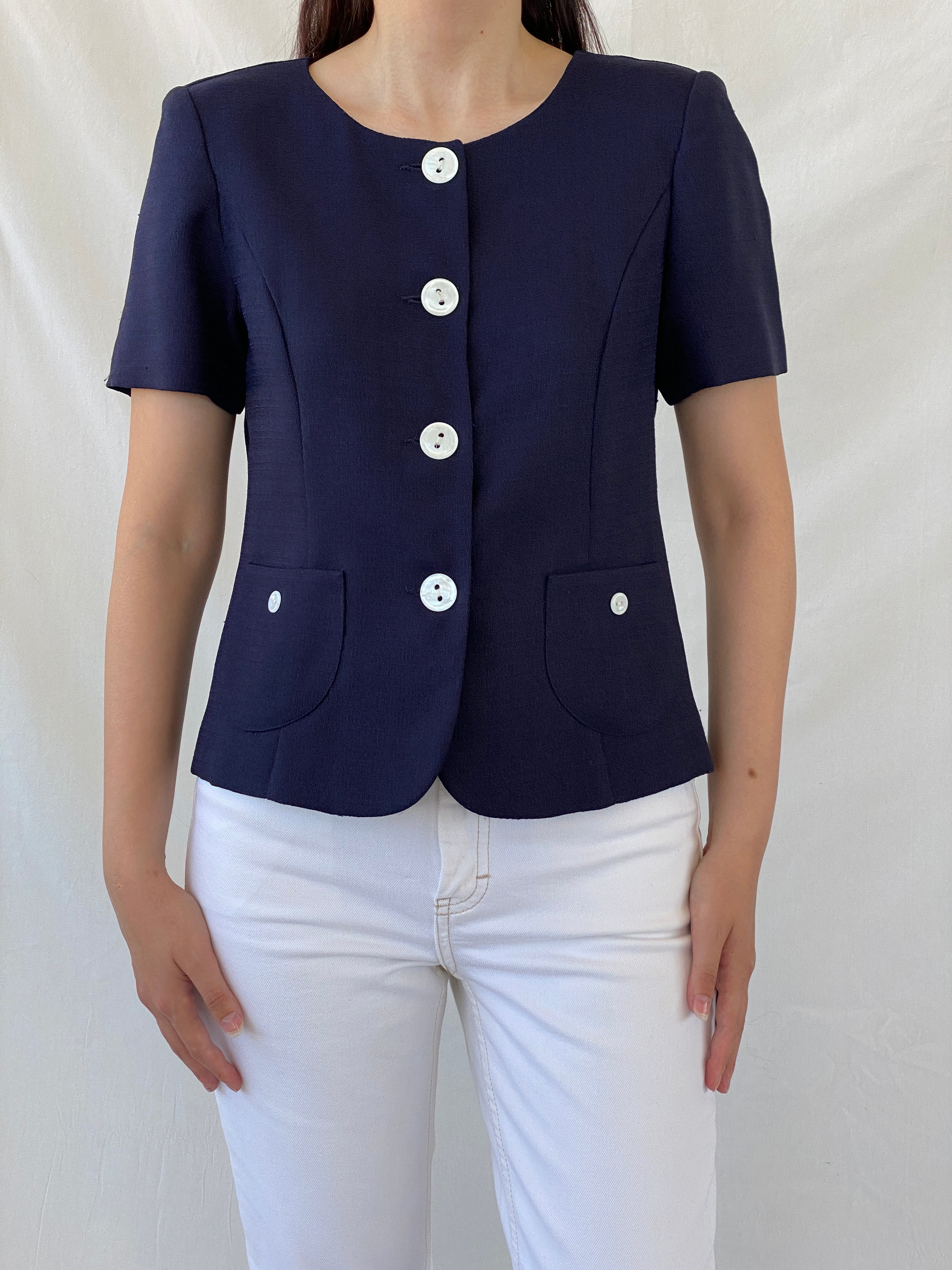 Vintage HBS Collection Navy White Buttons Women’s Short Sleeve Blazer - M - Balagan Vintage Blazer 00s, Ayah, blazer, half sleeve blazer, NEW IN, striped