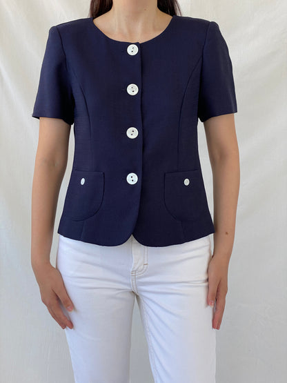 Vintage HBS Collection Navy White Buttons Women’s Short Sleeve Blazer - M - Balagan Vintage Blazer 00s, Ayah, blazer, half sleeve blazer, NEW IN, striped