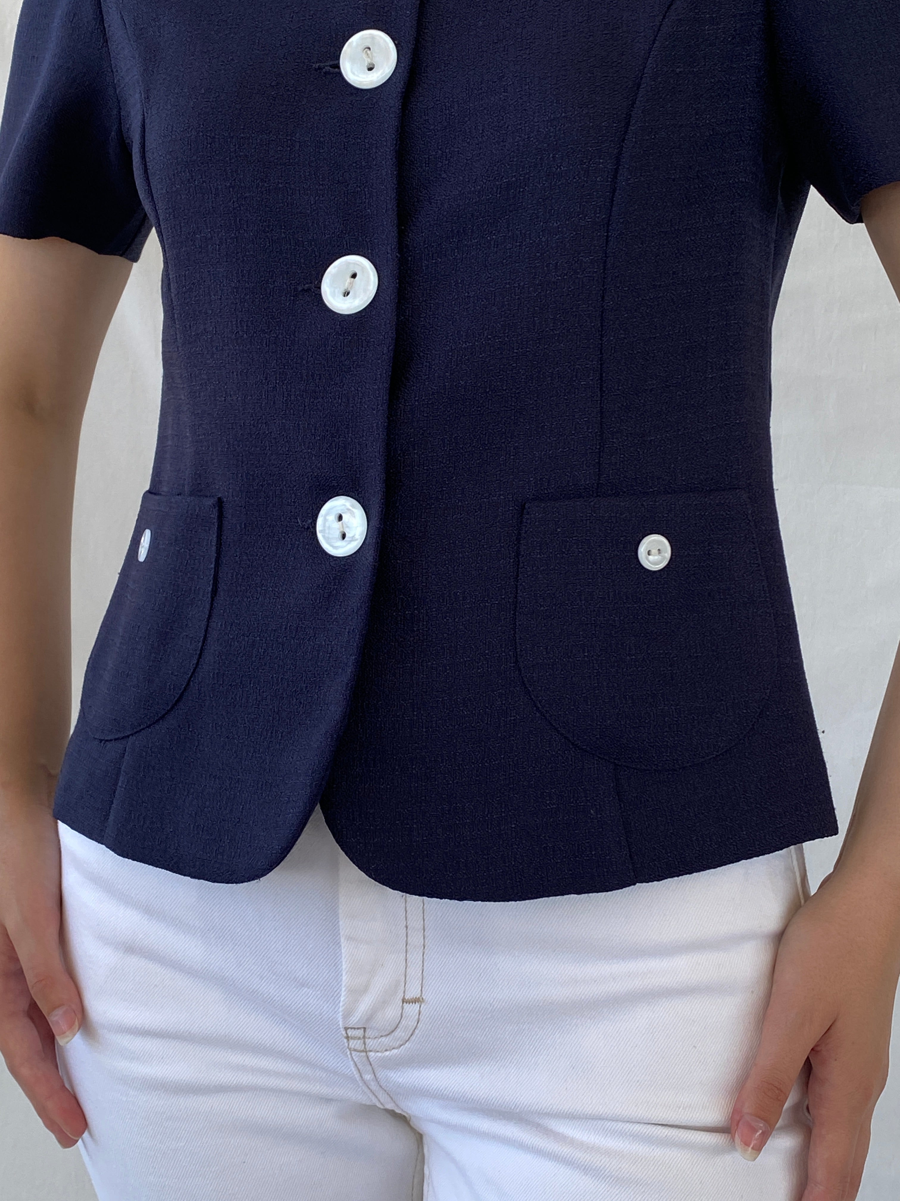 Vintage HBS Collection Navy White Buttons Women’s Short Sleeve Blazer - M - Balagan Vintage Blazer 00s, Ayah, blazer, half sleeve blazer, NEW IN, striped