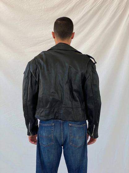 Vintage Heavy Black Genuine Leather Men’s Biker Jacket - L - Balagan Vintage Leather Jacket 90s, genuine leather, genuine leather jacket, leather jacket, Ramez