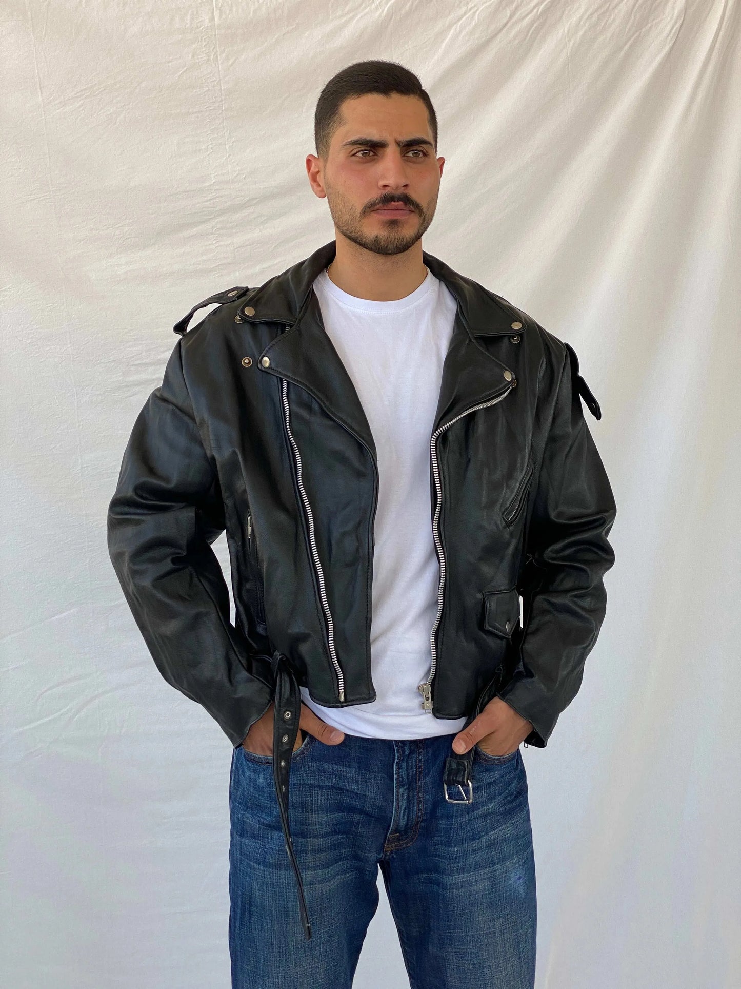 Vintage Heavy Black Genuine Leather Men’s Biker Jacket - L - Balagan Vintage Leather Jacket 90s, genuine leather, genuine leather jacket, leather jacket, Ramez