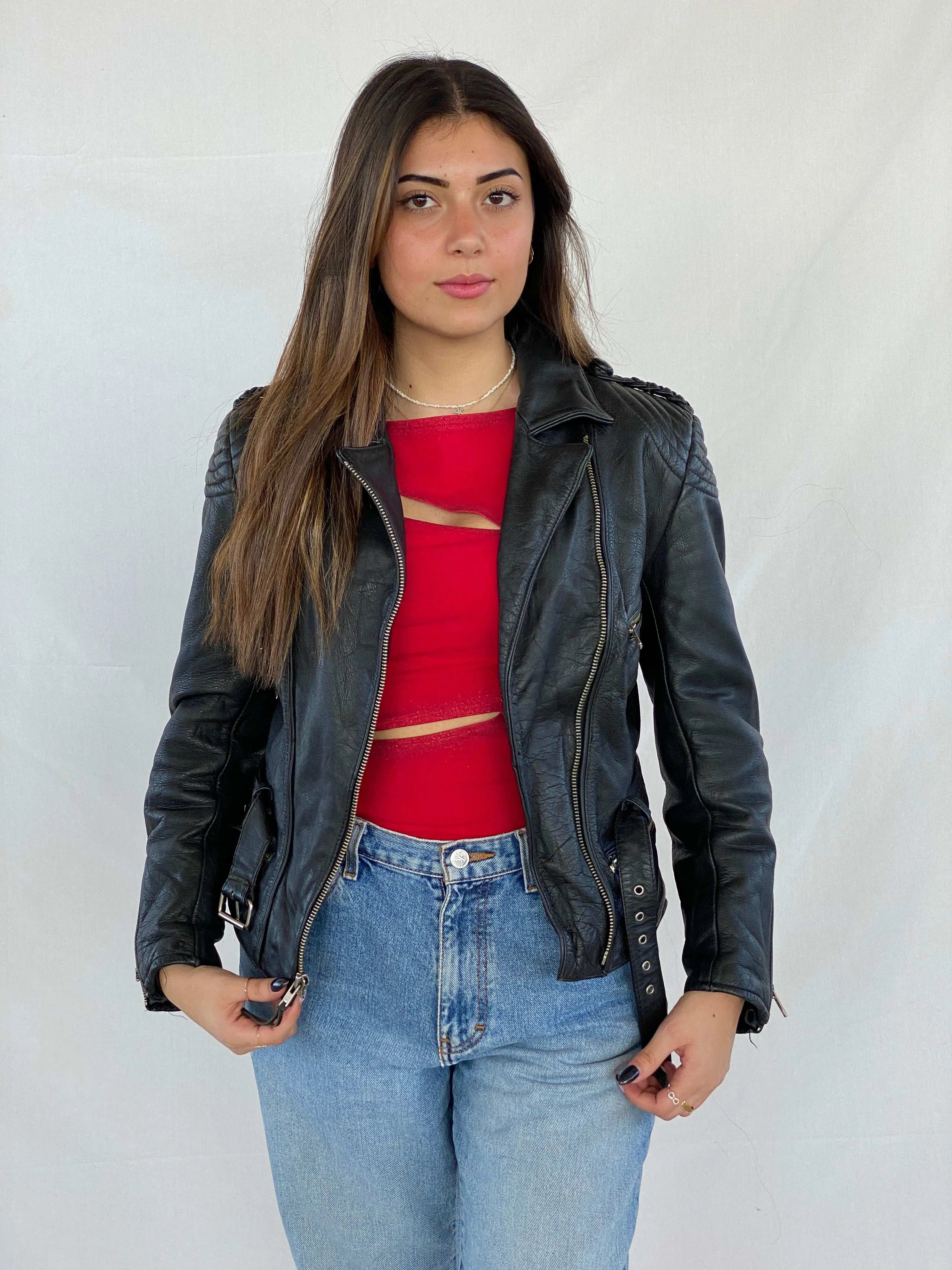 Vintage Heavy Genuine Leather Bikers Jacket - Balagan Vintage Leather Jacket 90s, black leather, Coats&Jackets, genuine leather, genuine leather jacket, Juana, Women's Leather Jackets