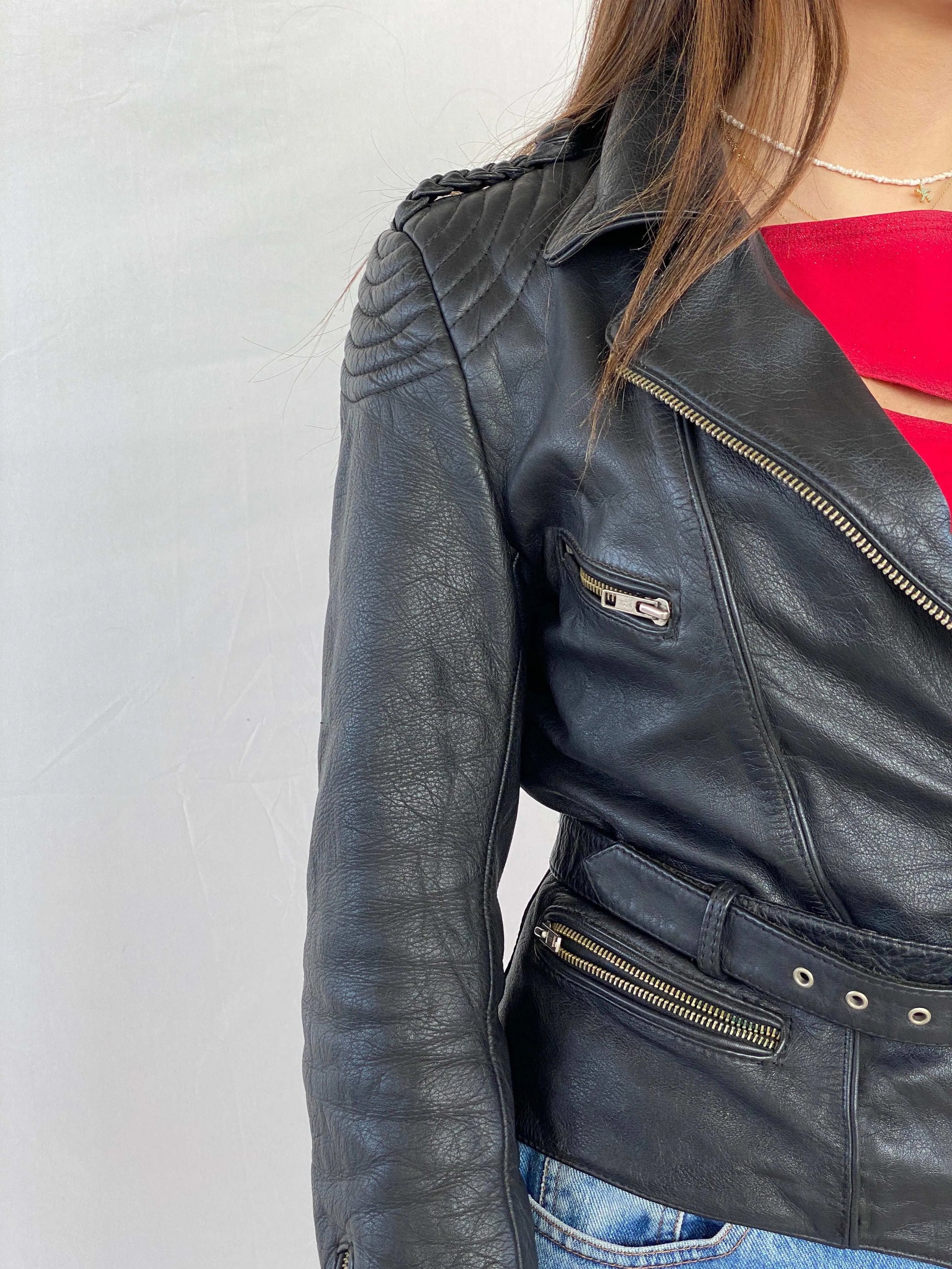 Vintage Heavy Genuine Leather Bikers Jacket - Balagan Vintage Leather Jacket 90s, black leather, Coats&Jackets, genuine leather, genuine leather jacket, Juana, Women's Leather Jackets