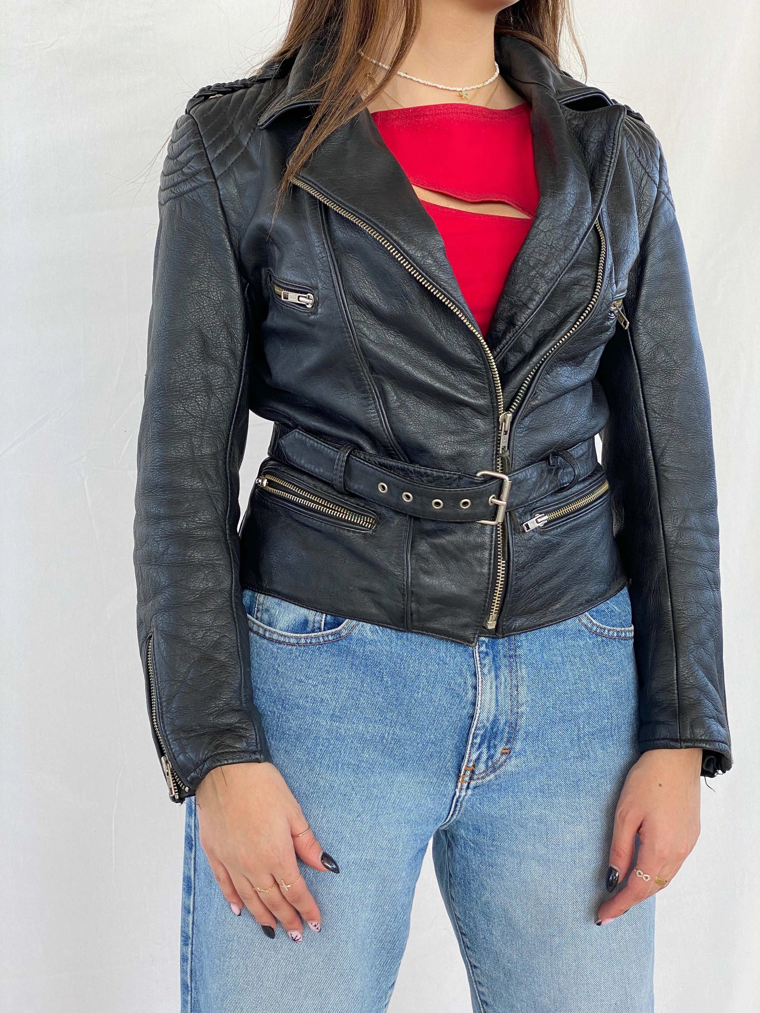 Vintage Heavy Genuine Leather Bikers Jacket - Balagan Vintage Leather Jacket 90s, black leather, Coats&Jackets, genuine leather, genuine leather jacket, Juana, Women's Leather Jackets