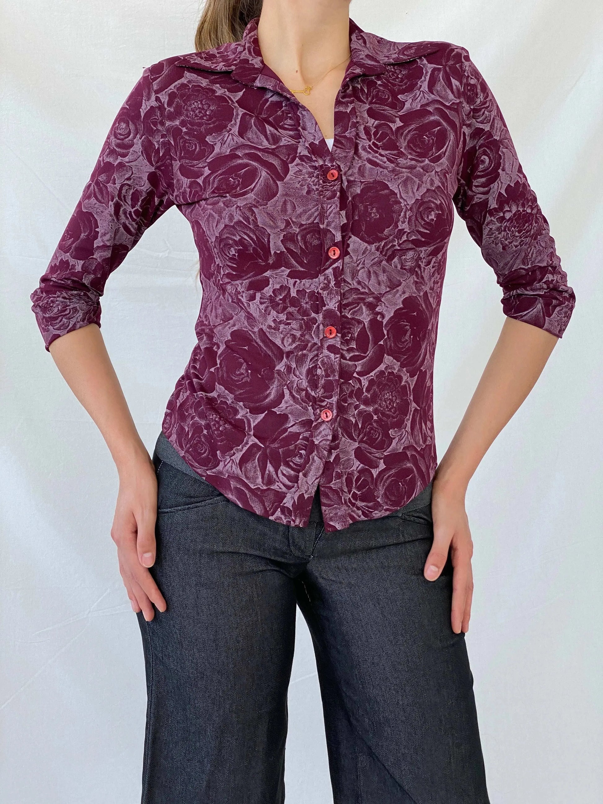 Vintage Ici & Maintenant Sport Floral Women’s Purple Button Up Shirt - M - Balagan Vintage Full Sleeve Shirt 90s, full sleeve shirt, Mira, Office core, winter