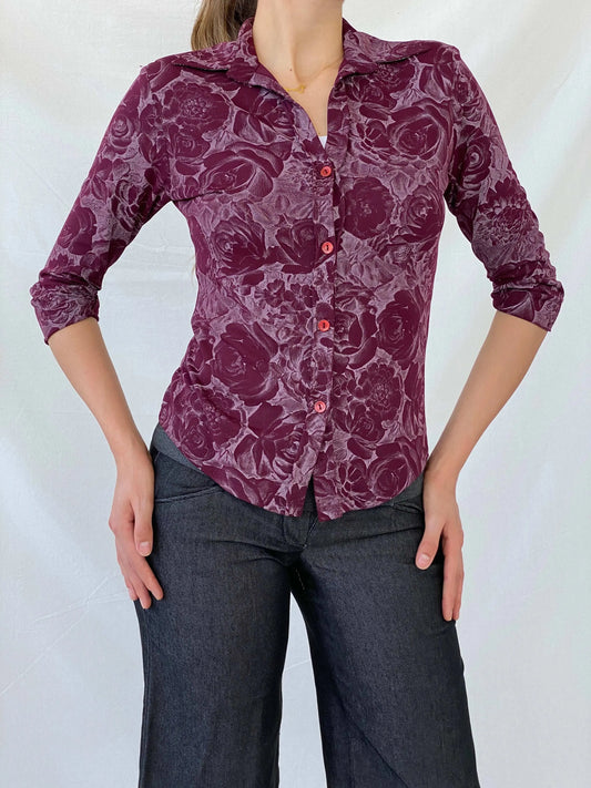 Vintage Ici & Maintenant Sport Floral Women’s Purple Button Up Shirt - M - Balagan Vintage Full Sleeve Shirt 90s, full sleeve shirt, Mira, Office core, winter