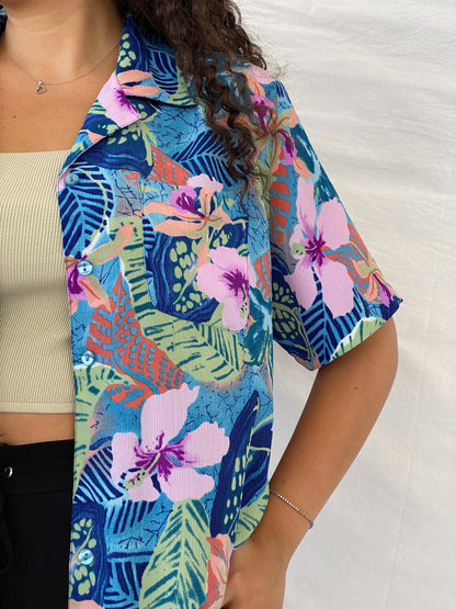 Vintage IMAGE Colorful Blue and Pink Tropical Floral Button Shirt - XL - Balagan Vintage Half Sleeve Shirt 00s, 90s, Dina, floral shirt, half sleeve shirt, Hawaiian shirt, oversized, oversized shirt, print, printed shirt